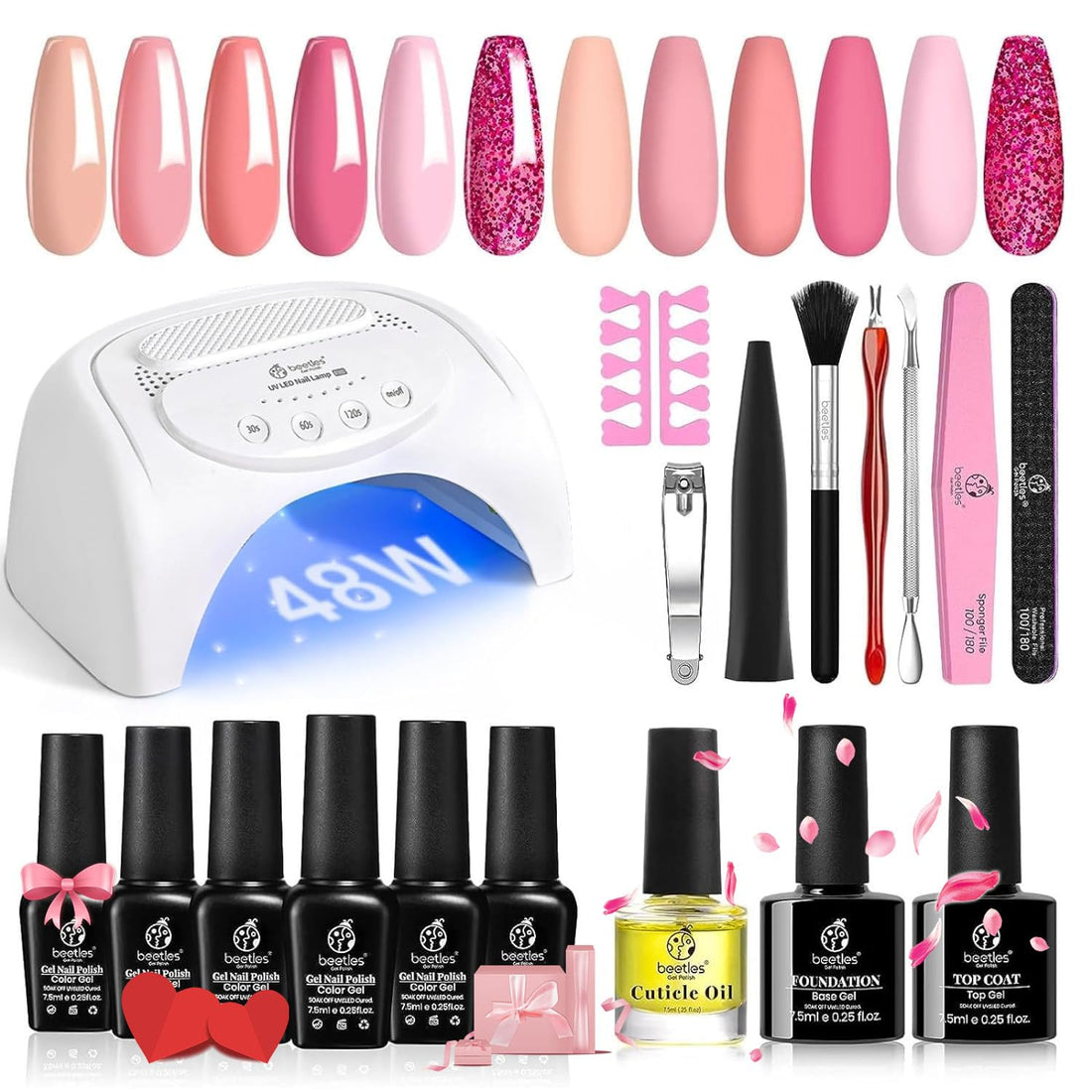 Beetles Pastel Pink Confetti Collection Gel Nail Polish Kit with 48W LED Nail Lamp Dryer Spring into Summer Gel Polish Starter Kit Salon DIY Home Gel Nail Kit Manicure Set Gifts for Women