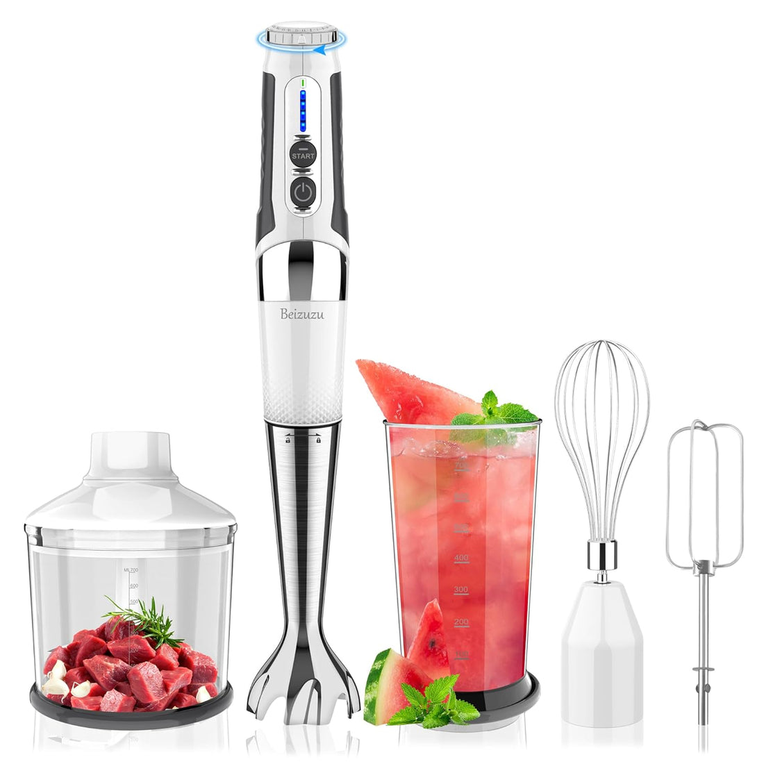 Cordless Hand Blender: 4-in-1 Rechargeable Cordless Immersion Blender Handheld, 21-Speed & 3-Angle Adjustable with Chopper, Beaker, Whisk and Beater for Milkshakes | Smoothies |Soup| Baby Food (White)