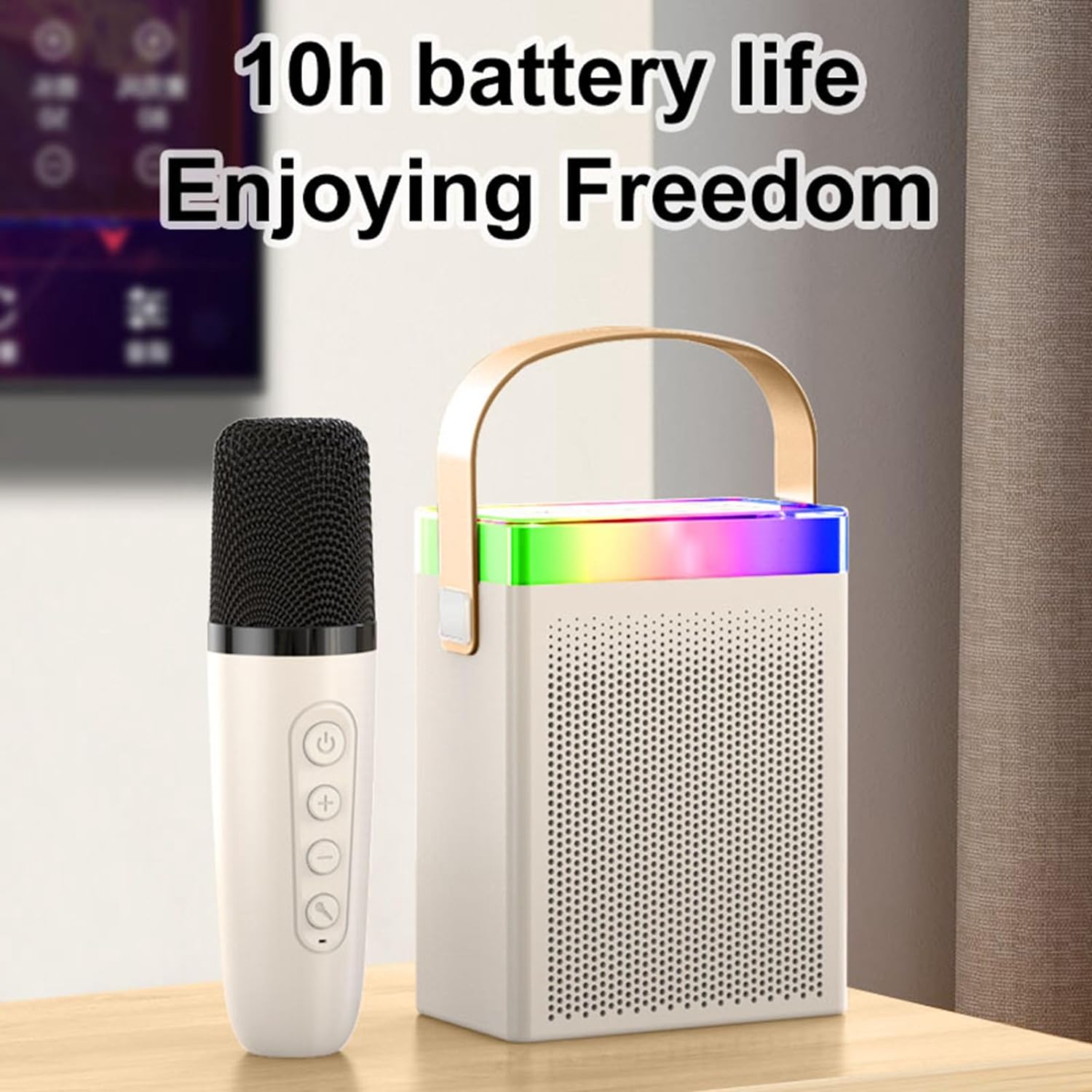 PUSOKEI Karaoke Machine with Two Wireless Microphones, Portable Bluetooth Speaker Set with RGB Lighting for Adults and Kids, Gifts for Boys and Girls (White)