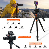 GEEKOTO 77 Inches Video Camera Tripod, Aluminum Tripod with 1/4" Screws Fluid Drag Pan Head, Professional Tripod for DSLR Cameras Video Camcorders Load Capacity Up to 20 Pounds