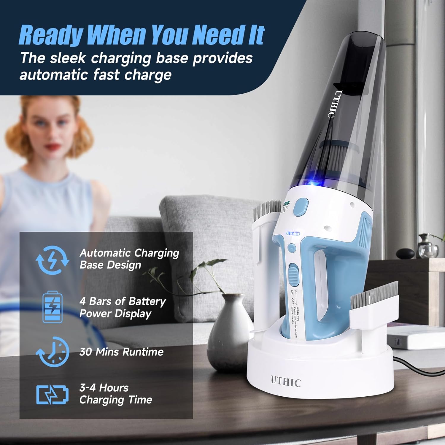 UTHIC 9500PA Hand Held Vacuuming Cordless Rechargeable Car Vacuum Cordless with Charging Dock，Handheld Vacuum Cordless Cleaner, Small Hand Vacuum with LED, 2 Washable Filters & Large Dirt Bowl