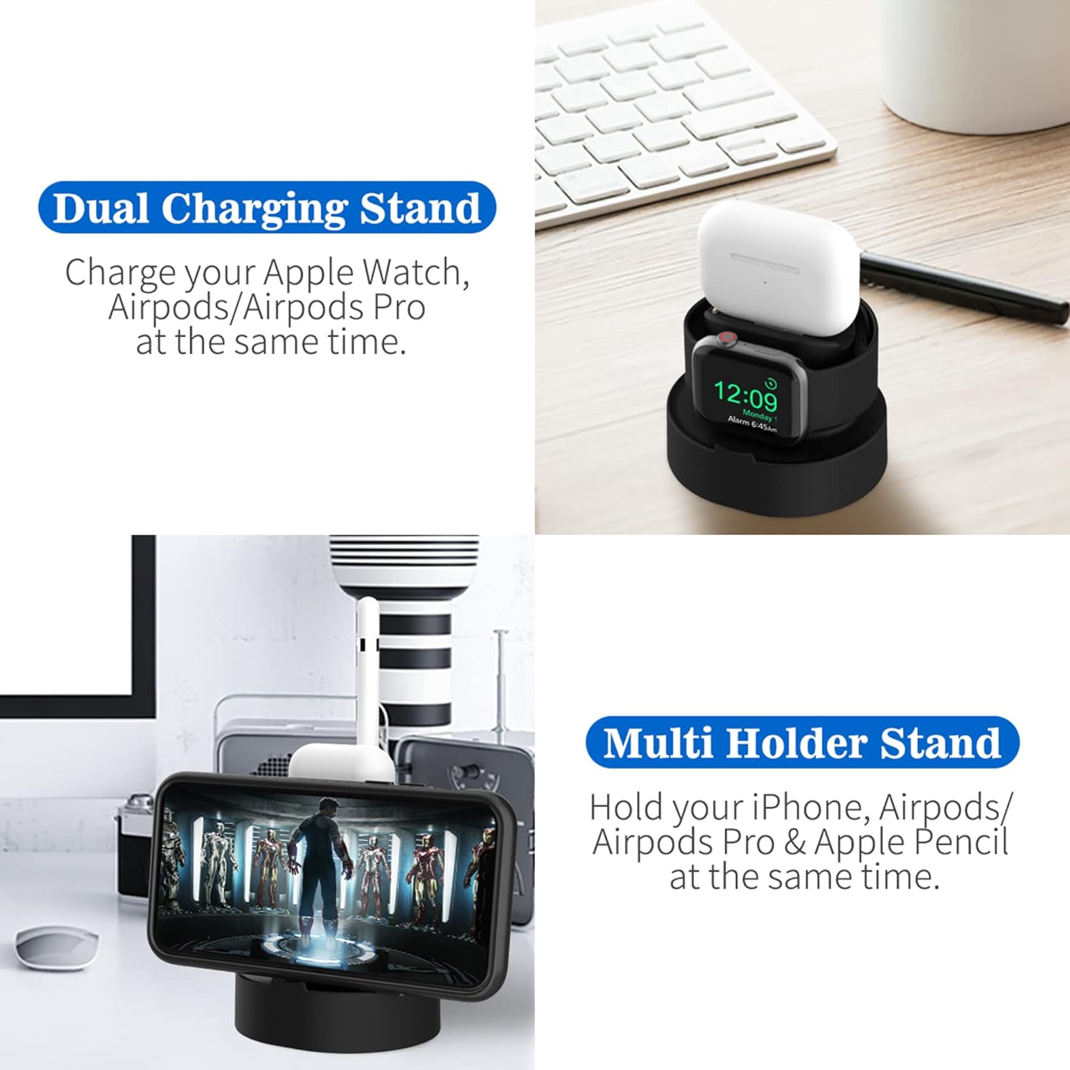 Sokusin Easy Instal Charger Stand for Apple Watch 38mm 40mm 42mm 44mm iWatch 1 2 3 4 5, Apple Watch Charging Stand Holder and Night Stand Mode, AirPods Pro Charger Dock,BlackCables NOT Included