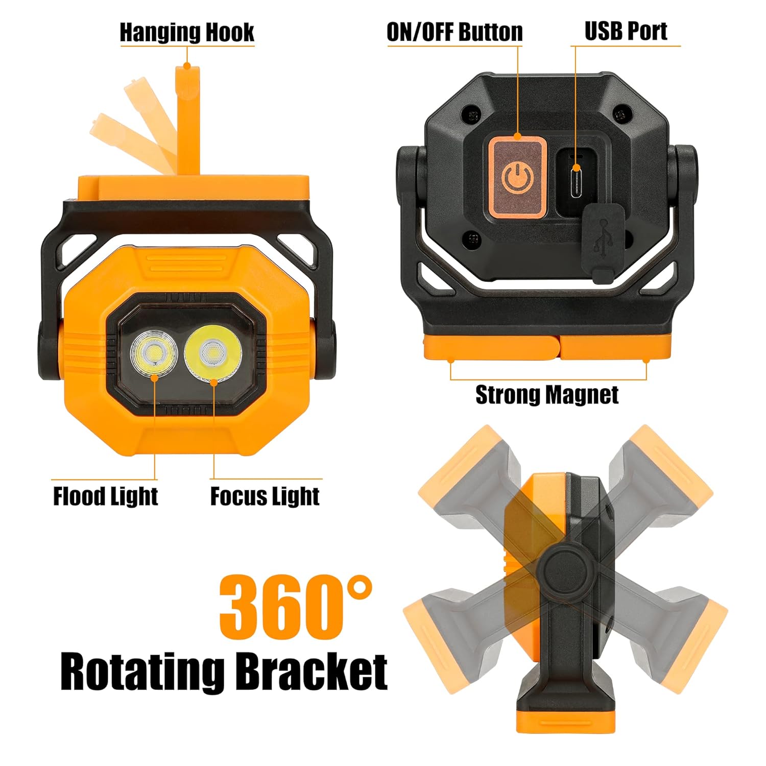 LED Rechargeable Magnetic Work Light, 1500LM Portable COB Flood Light 180° Rotatable Magnetic Base, Job Site Lighting for Car Repairing, Camping, Fishing, Emergency