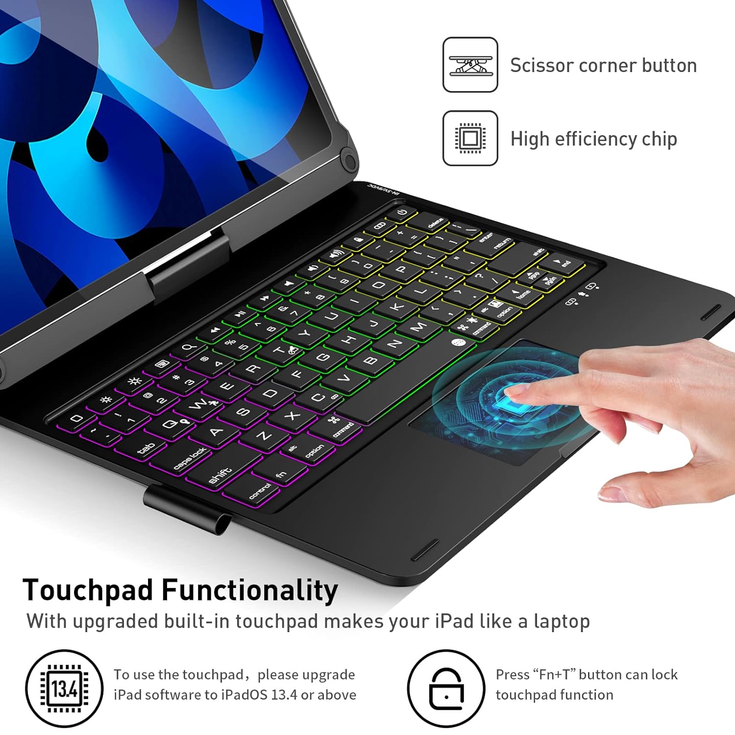 iPad Keyboard Case with Touchpad for iPad Air 4 10.9 inch 2020, iPad Pro 11 inch 2nd 2020 & 1st 2018, Rainbow Backlights, 360 Screen Rotate, with Pencil Holder - Black