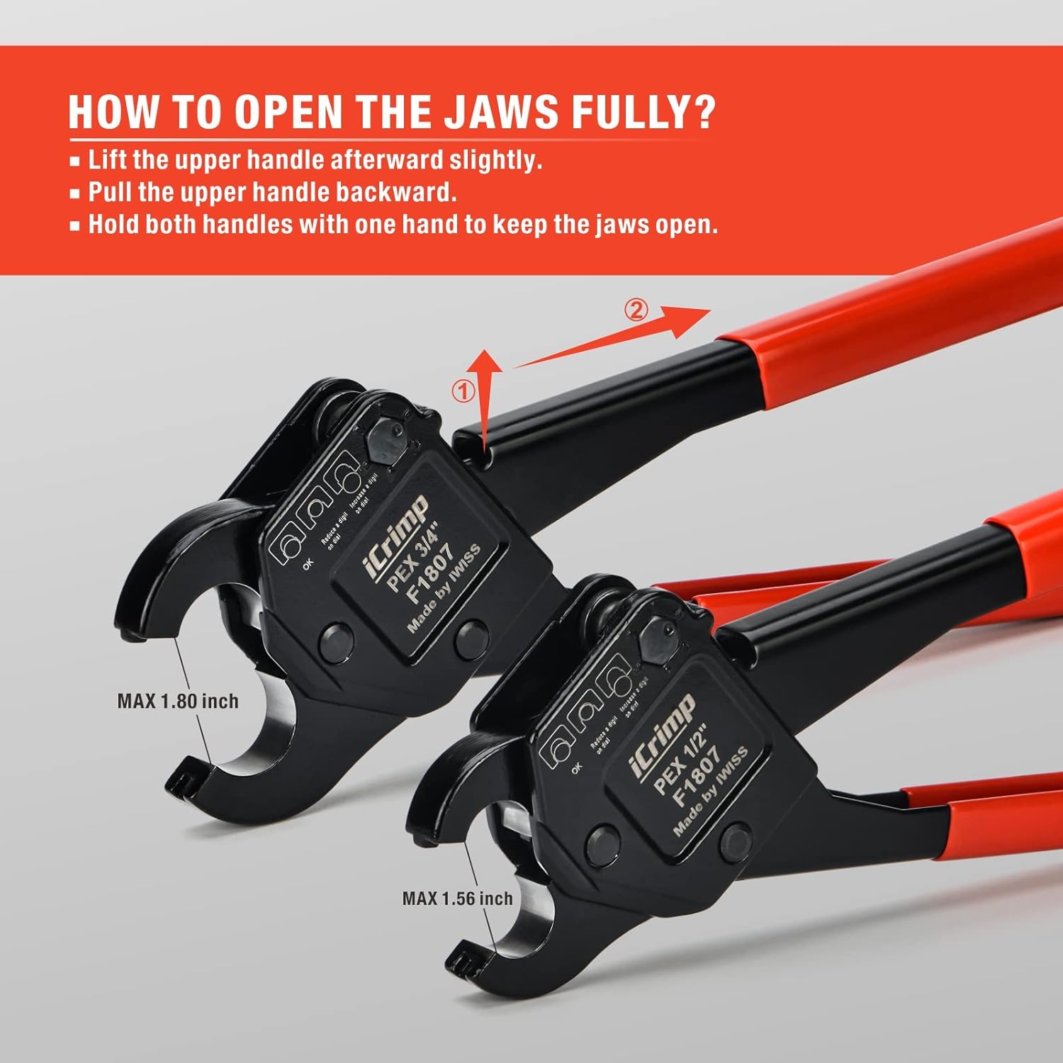 IWISS F1807 PEX Plumbing Crimping Tool 1/2 &3/4 &1 for Copper Ring Crimper Piler with GO NO GO Gauge (1/2 INCH&3/4 INCH)