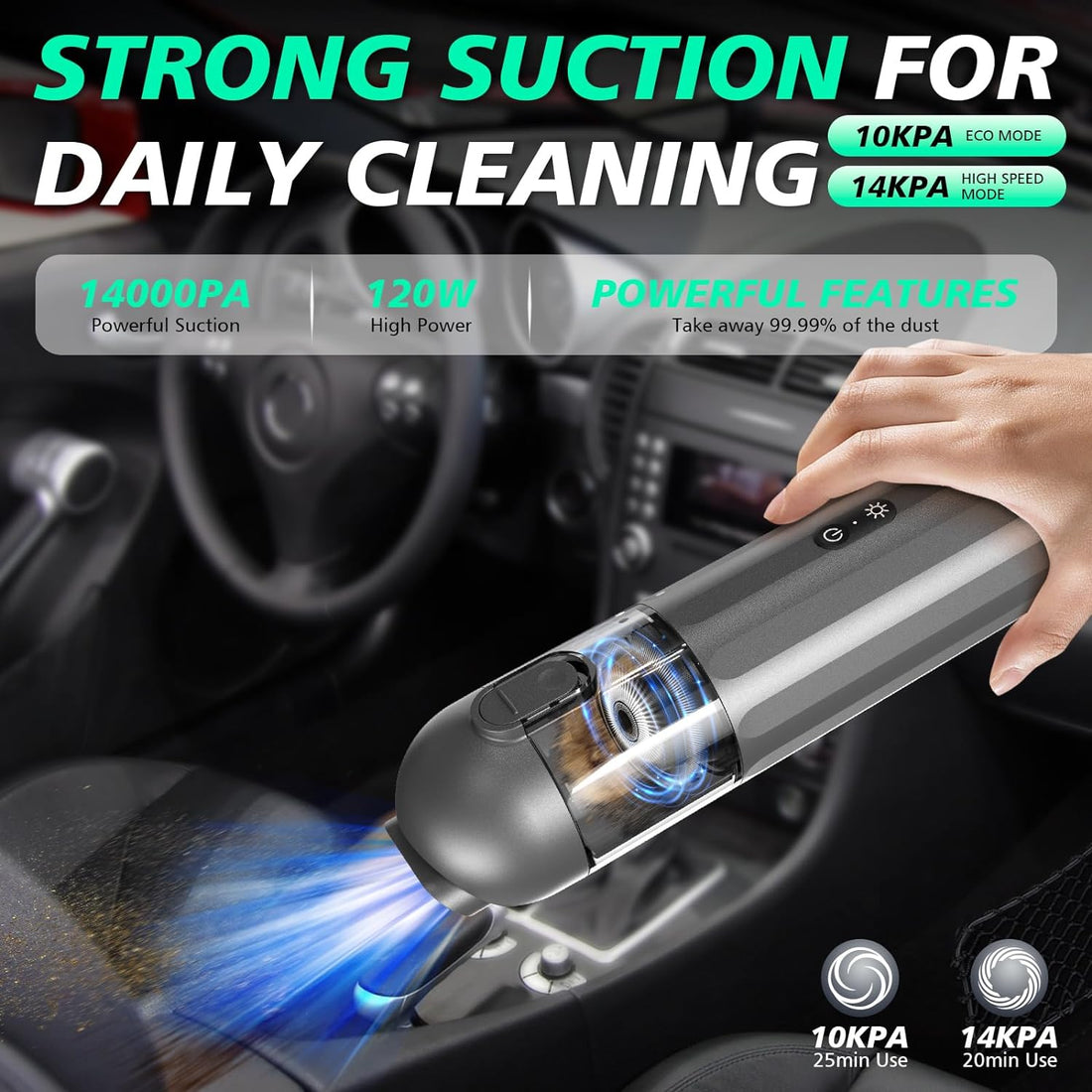 Homtronics Portable Car Vacuum, 14000PA/110W High Power Rechargeable Cordless Car Vacuum Cleaner with 3-Layer Filters, 2-Speeds, Emergency Lights, 4 in 1 Air Blower, Hand Held Vacuum Cleaner for Car