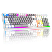 Gaming Keyboard, Rainbow Backlit LED Wired Gaming Keyboard with Clear Housing and Double-Shot Keycaps, MageGee K1 Waterproof Ergonomic 104 Keys Light Up Keyboard for PC Desktop Laptop, White & Gray