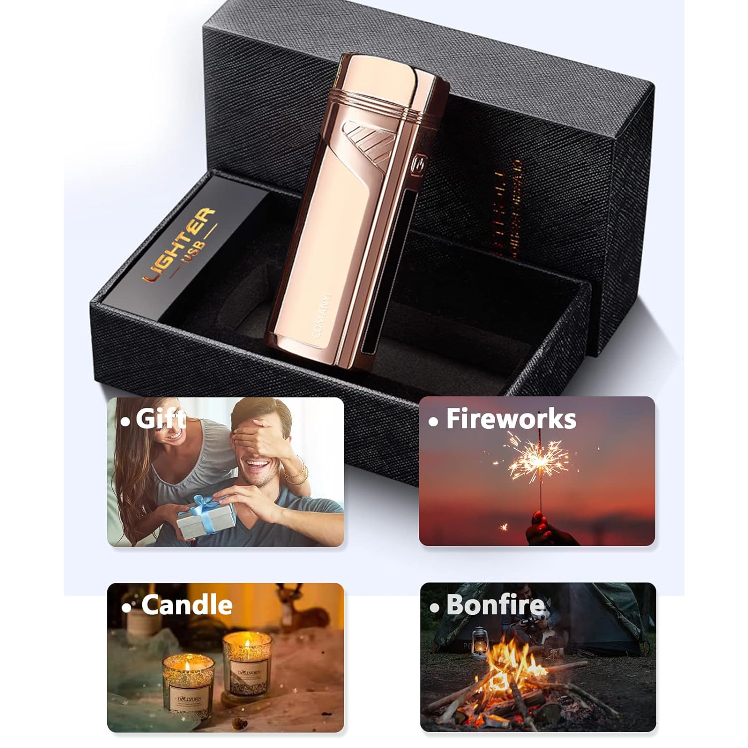 COMANYI Triple-Arc Electric Lighter, 2-in-1 Opener Windproof Lighter Flameless Plasma Lighter Rechargeable USB Lighter with Digital Battery Indicator. (Gold)