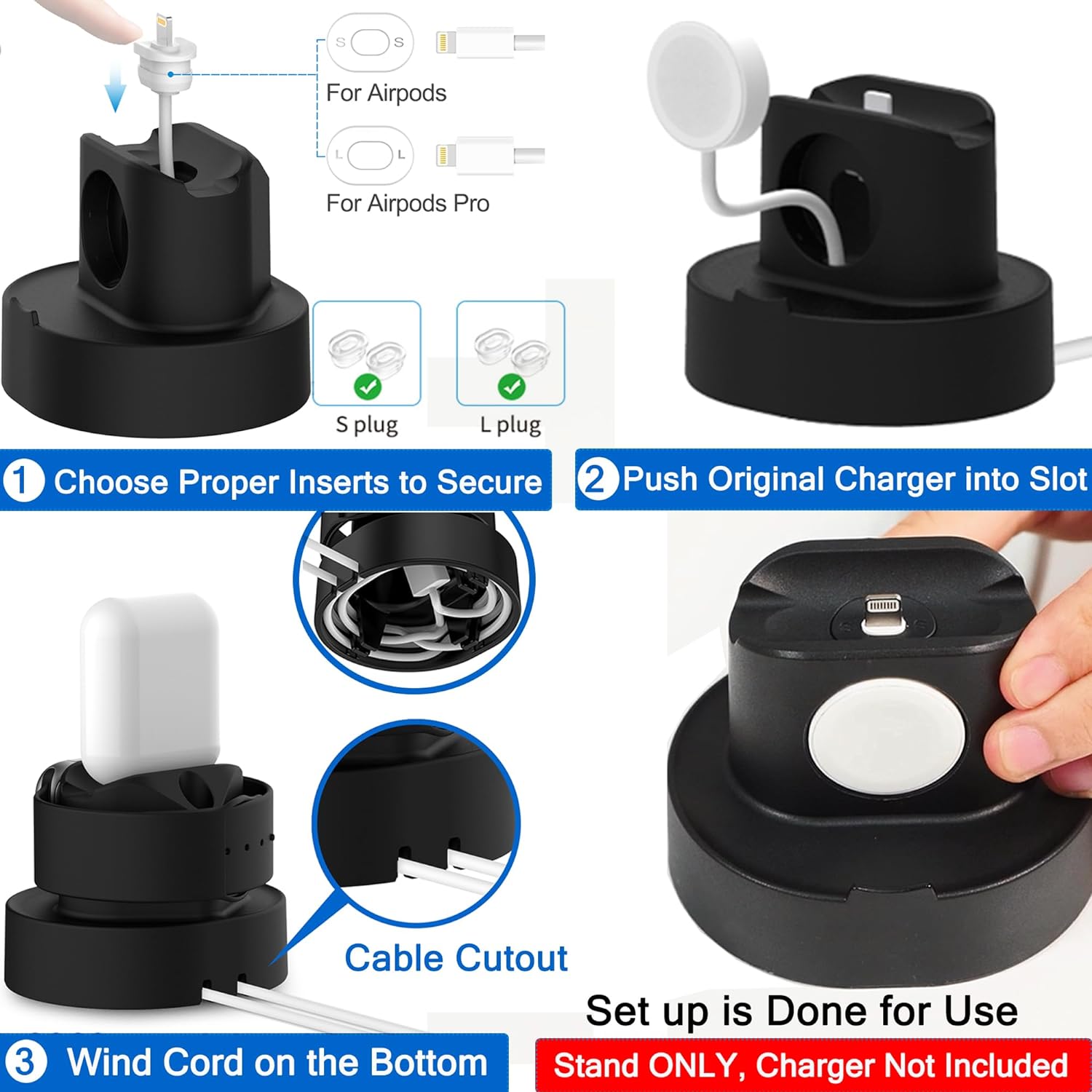 Sokusin Easy Instal Charger Stand for Apple Watch 38mm 40mm 42mm 44mm iWatch 1 2 3 4 5, Apple Watch Charging Stand Holder and Night Stand Mode, AirPods Pro Charger Dock,BlackCables NOT Included