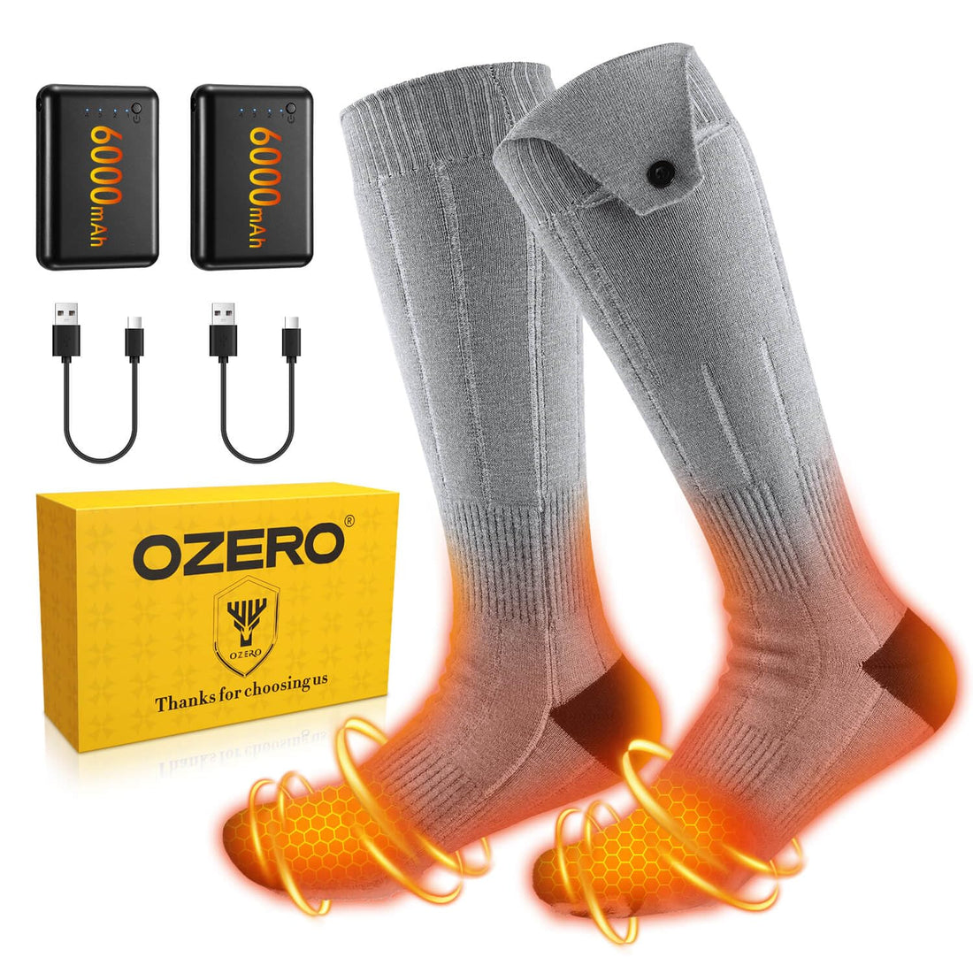 OZERO Heated Socks Rechargeable for Men Women: 6000mAh Electric Heating Socks with 360° Heating, Washable Foot Warmer for Ski Hunting Hiking Camping, Gray/Large