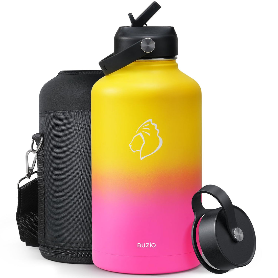 BUZIO Vacuum Insulated Stainless Steel Water Bottle (Cold for 48 Hrs/Hot for 24 Hrs), 64oz Double Walled Wide Mouth Sports Drink Flask with BPA Free Straw Lid and Flex Cap, Candy Color