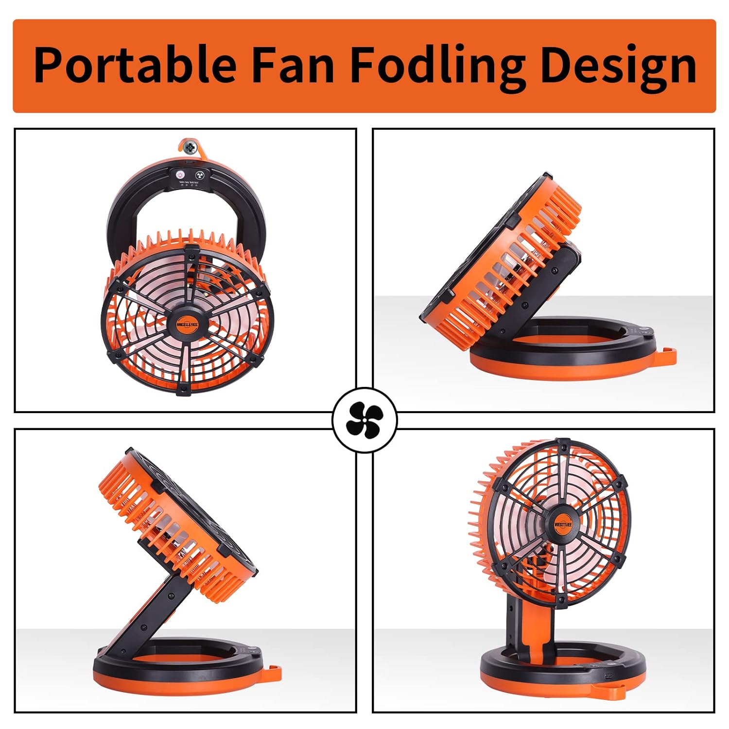 Portable Camping Fan for Tents,Battery Operated Fan,Personal USB Desk Fan for Fishing,36 Hours Work Time, Outdoor Rechargeable Fan with LED Lantern,Hanging Hook,，Orange 90