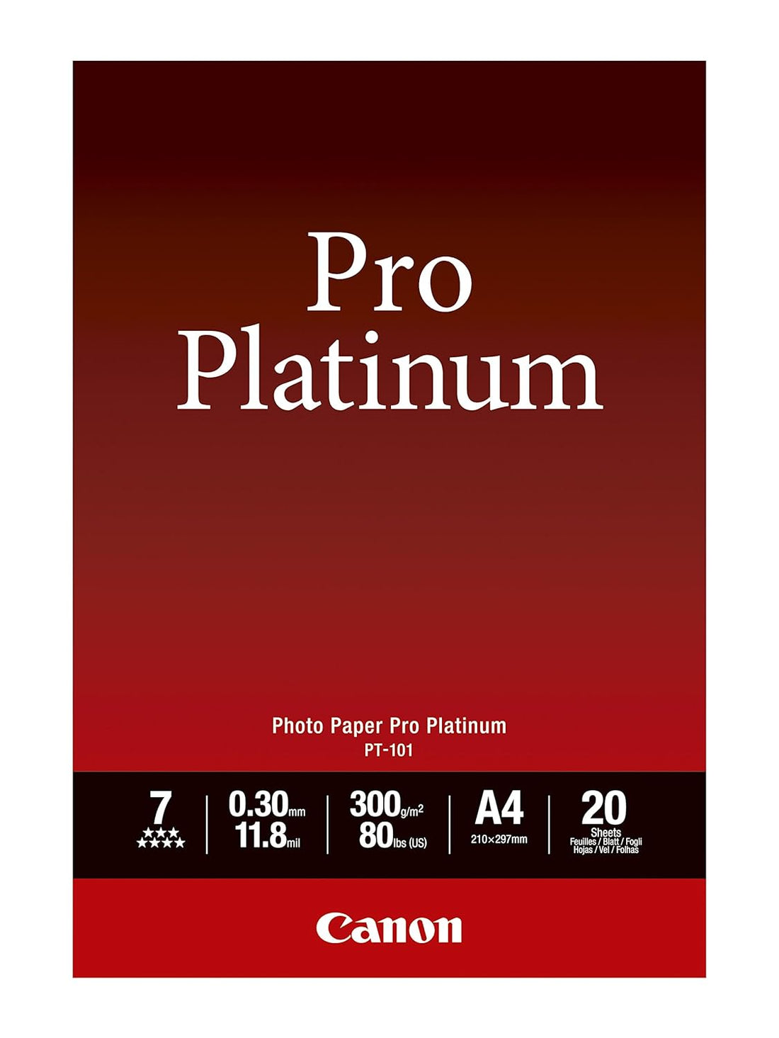 Canon Pro Platinum PT-101 A4 (210x297 mm) 300 GSM Photopaper for Inkjet printers, 20 Sheets