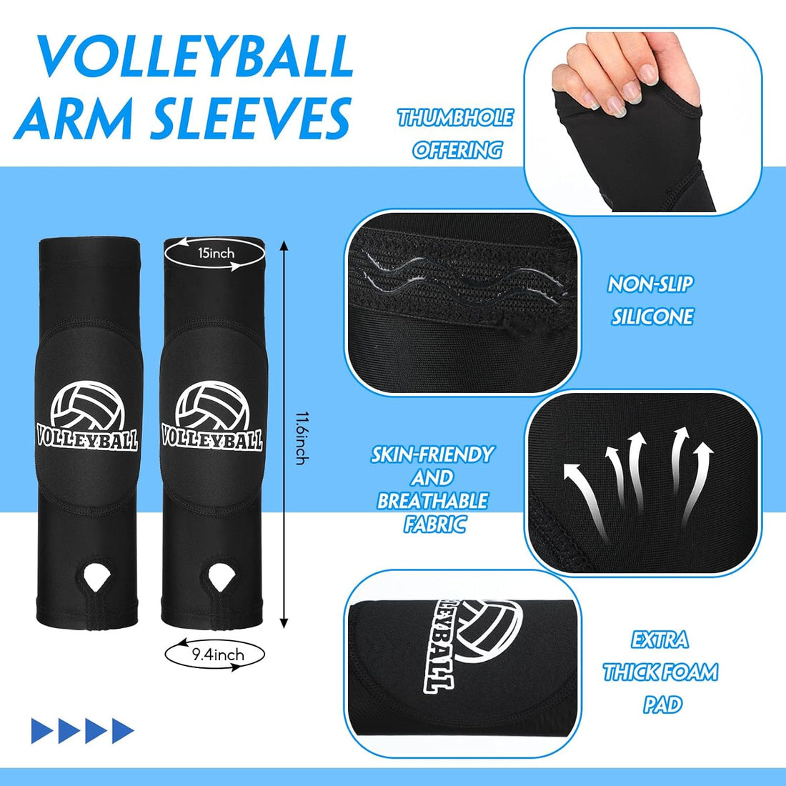 Vabean 8 Pcs Volleyball Accessories, Volleyball Arm Sleeves Volleyball Knee Pads Sport Hair Scrunchies Sweat Band Drawstring Bag Cosmetic Bag Volleyball Wrist Guard Knee Brace (Black,X-Large)