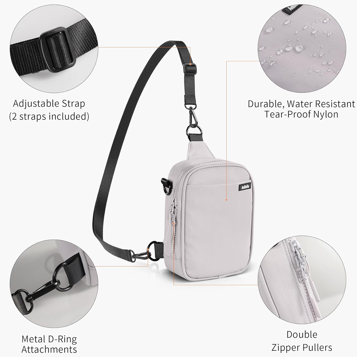 ANBEKO Small Easy Access Crossbody Bag, 6 Wearing Ways Sling Purse for Women Men Girls Travel, Fashion Mini Fanny Pack, light grey, one_size, Basic