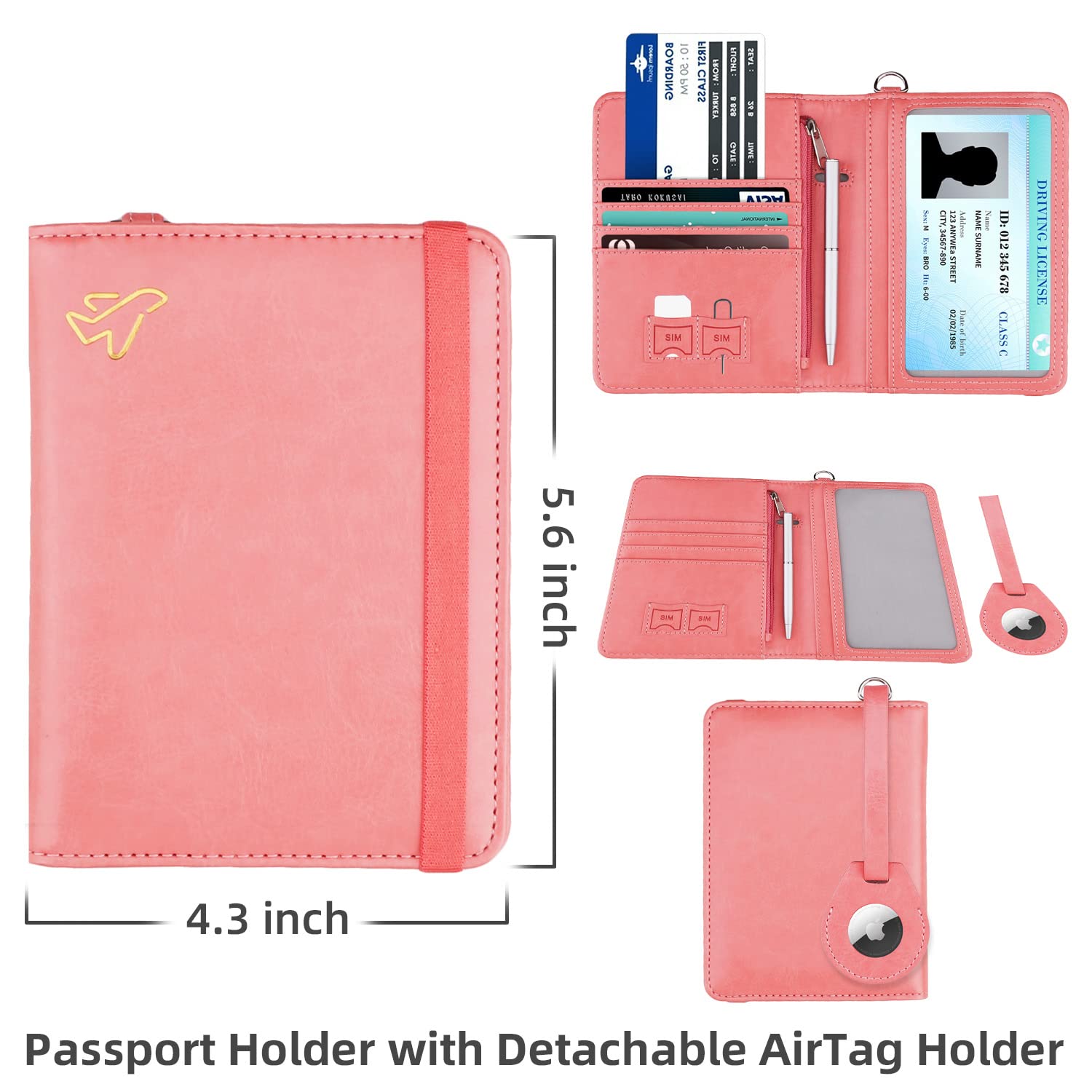 WALNEW AirTag Passport Holder and Vaccine Card Holder Combo, RFID Blocking Travel Passport Wallet with Vaccine Card Protector Slot and Airtag Protective Case, Dark Pink