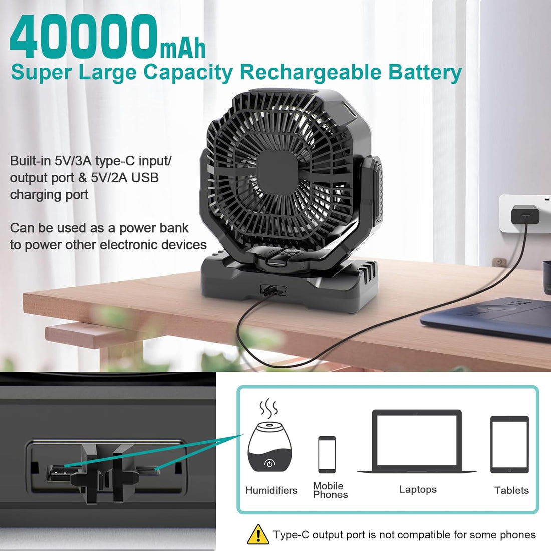 Tainido 40000mAh Rechargeable Battery Operated Fan, Auto-Oscillating Desk Fan with Remote & Hook & Led Light,4 Speeds 4 Timers Type-C Charging Table Fan for Camping Jobsite Hurricane Emergency