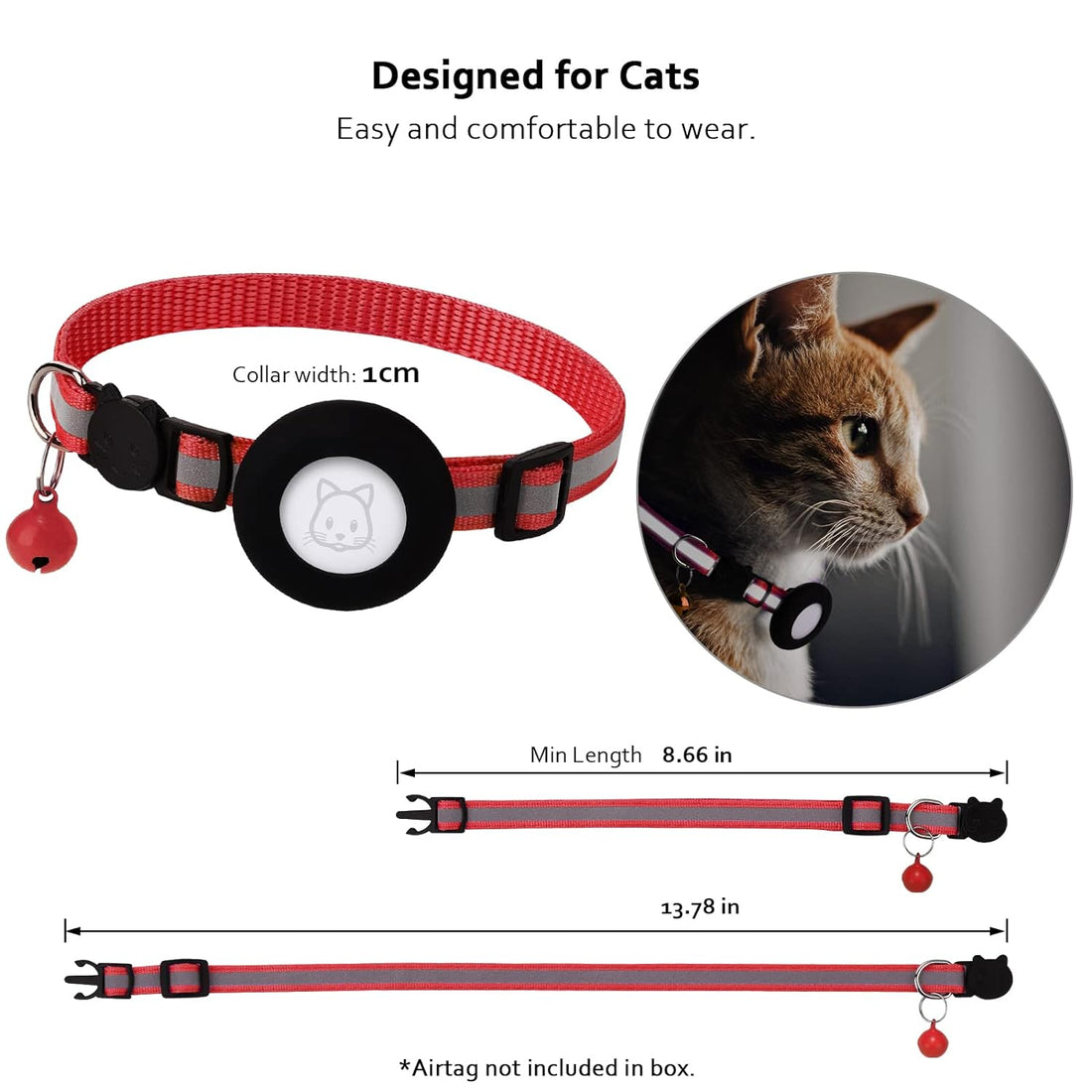 Airtag Cat Collar, Air tag Cat Collar with Bell and Safety Buckle in 3/8" Width, Reflective Collar with Waterproof Airtag Holder Compatible with Apple Airtag for Cat Dog Kitten Puppy (Red)