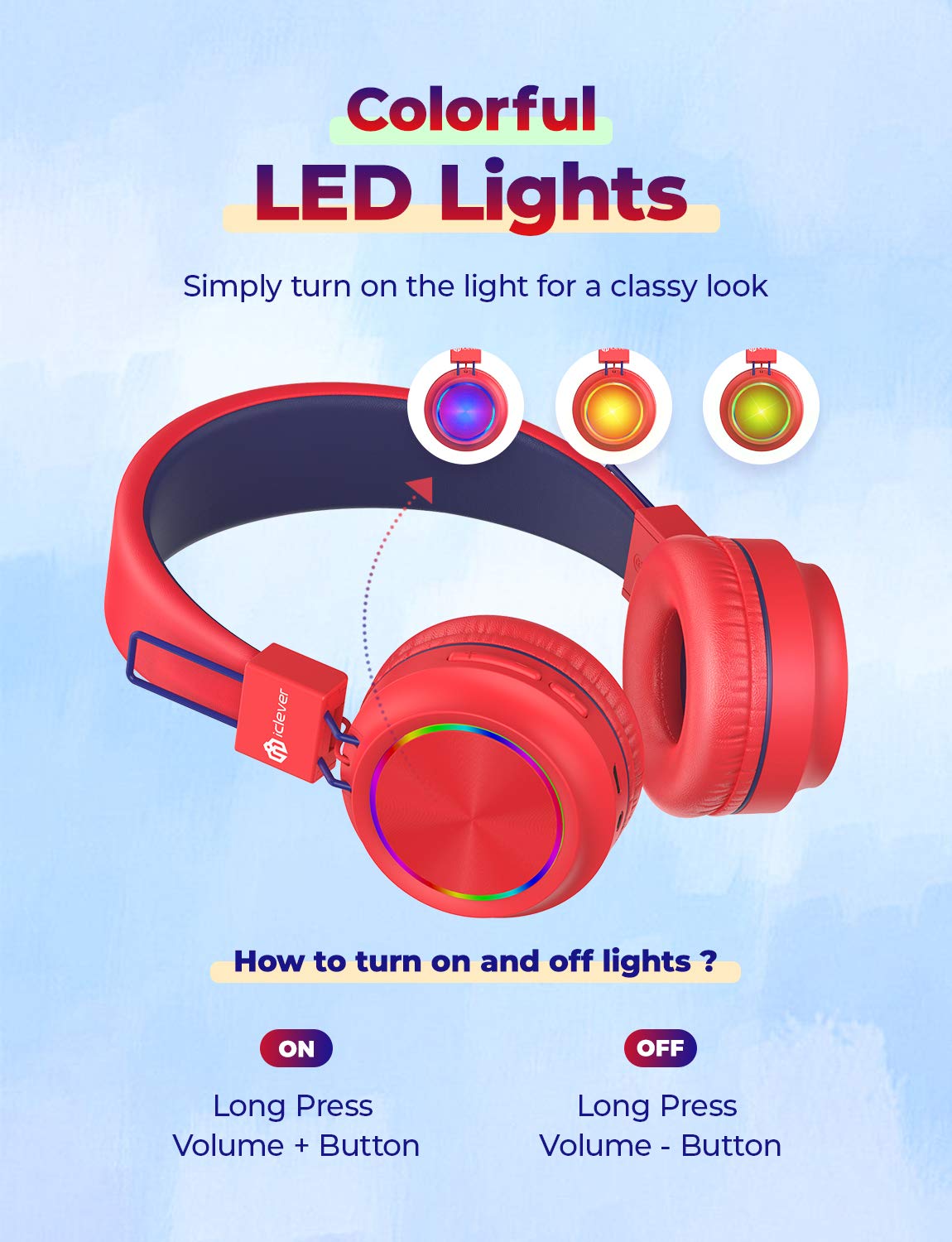 iClever BTH03 Kids Wireless Headphones, Colorful LED Lights Kids Headphones with MIC, 25H Playtime, Stereo Sound, Bluetooth 5.0, Foldable, Childrens Headphones on Ear for Study Tablet Airplane, Red