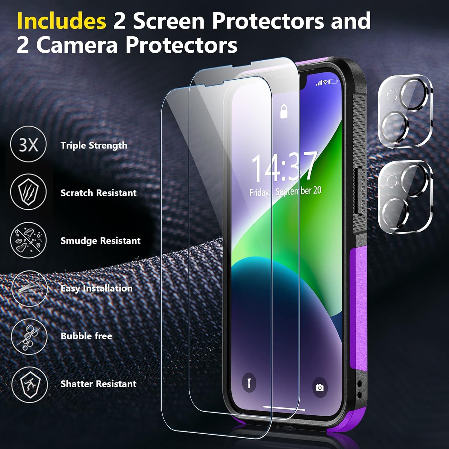 SPIDERCASE for iPhone 14 Case, [15 FT Military Grade Drop Protection][Non-Slip] [2+Tempered Glass Screen Protector][2+Tempered Camera Lens Protector] Heavy Duty Full-Body Shockproof Case, Deep Purple