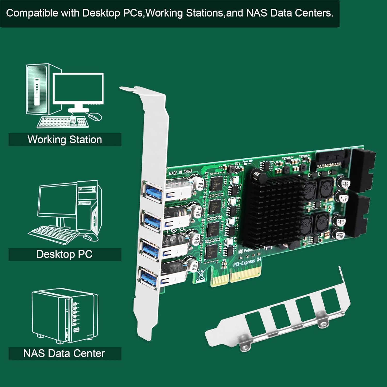 FebSmart 4 Channel 8 Ports PCI Express Superspeed USB 3.0 Card,4 Dedicated 5Gbps Channels 20Gbps Total Banwidth,Build in Self-Powered Technology,No Need Additional Power Supply (FS-4C-U8S-Pro)