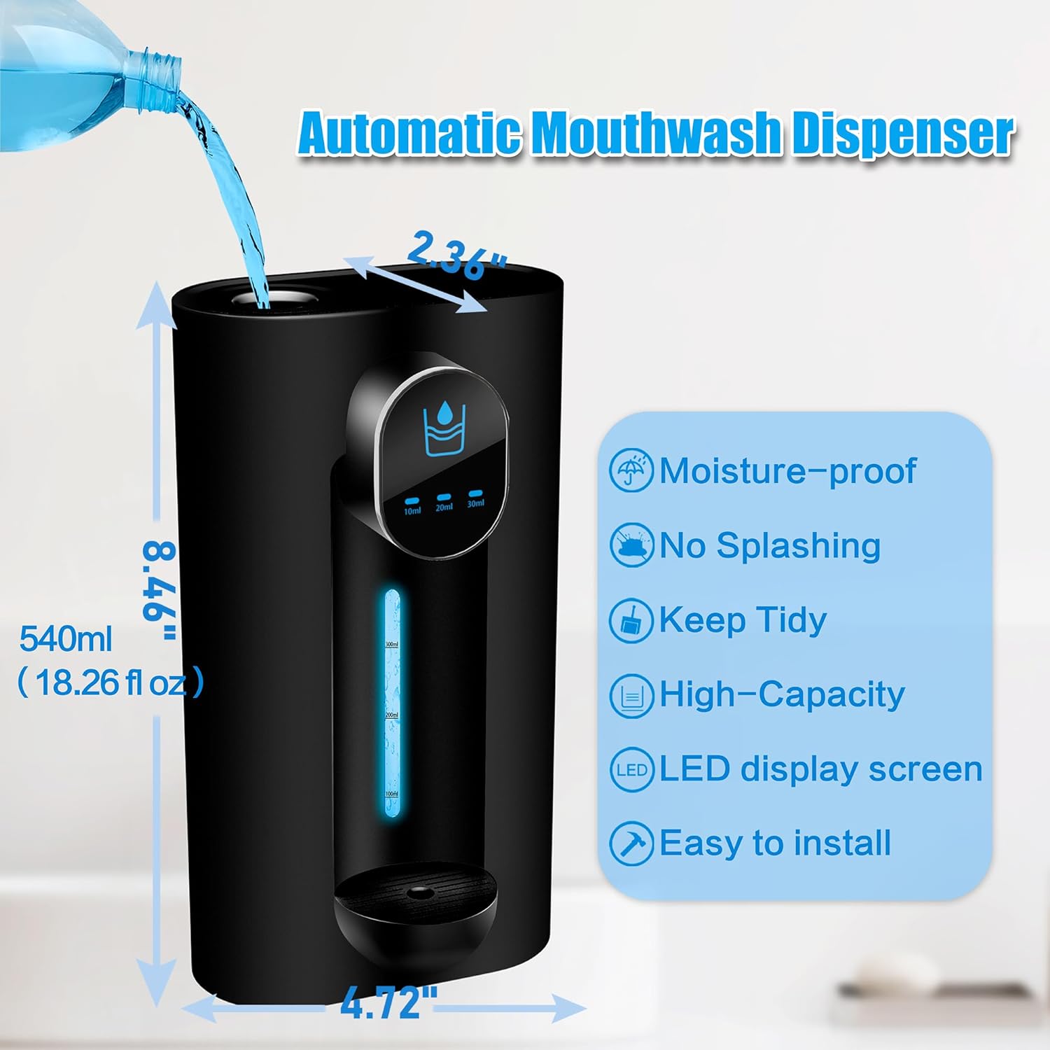 DAILOU Automatic Mouthwash Dispenser for Bathroom,540mL(18.26 Oz), Wash Mouth Container Display Screen for Bathroom 3 Adjustable Dispensing Levels 4pcs Magnetic Cups,Perfect for Kids and Adults Black