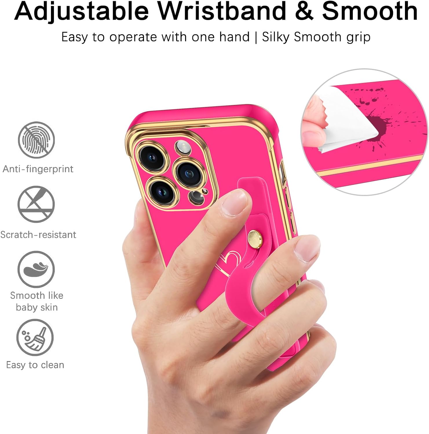 BENTOBEN for iPhone 15 Pro Max Case, Phone Case iPhone 15 Pro Max for Women Girls, Cute Heart Adjustable Strap Wristband Kickstand Holder Shockproof Soft TPU Bumper Luxury Plating Cover, Hot Pink