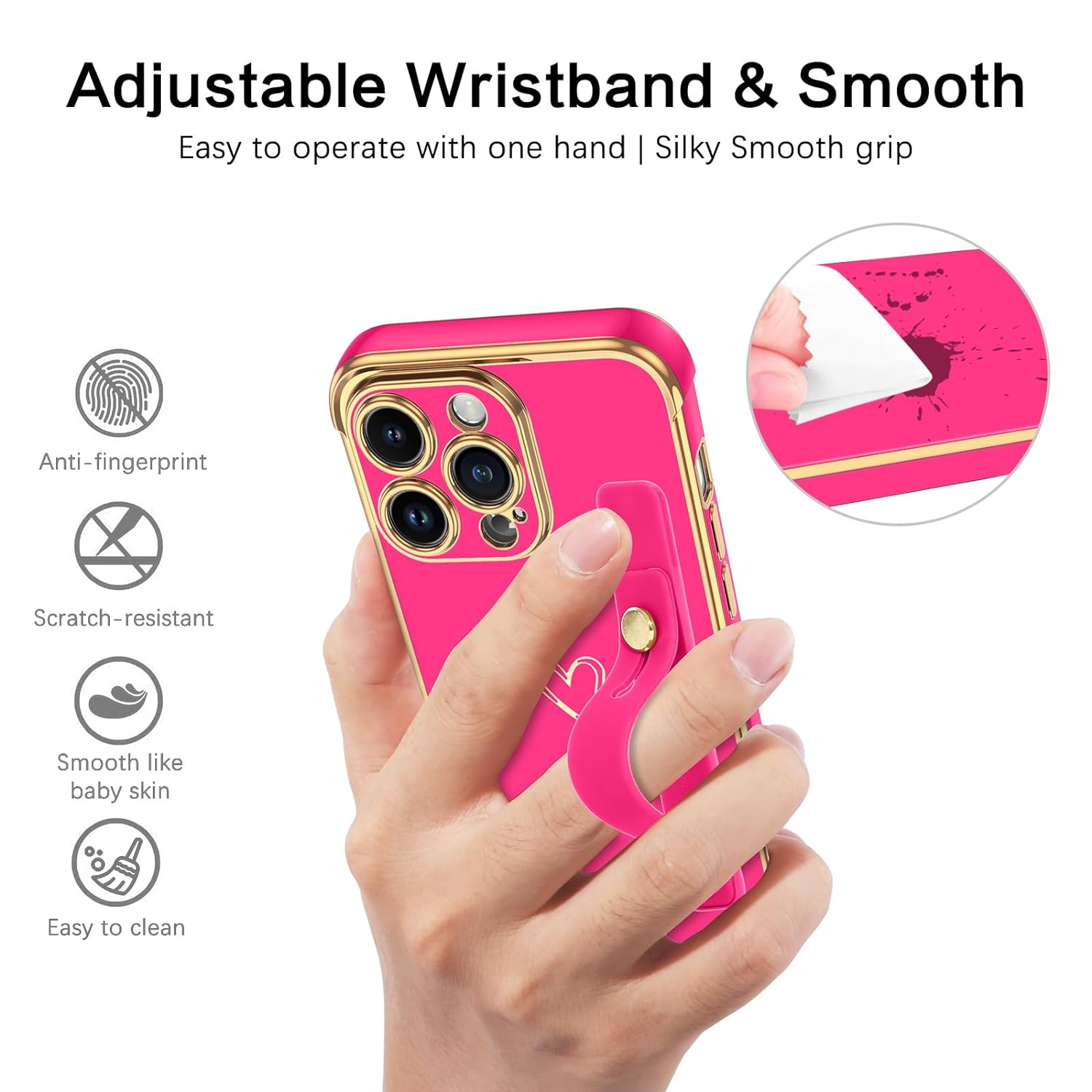 BENTOBEN for iPhone 15 Pro Max Case, Phone Case iPhone 15 Pro Max for Women Girls, Cute Heart Adjustable Strap Wristband Kickstand Holder Shockproof Soft TPU Bumper Luxury Plating Cover, Hot Pink