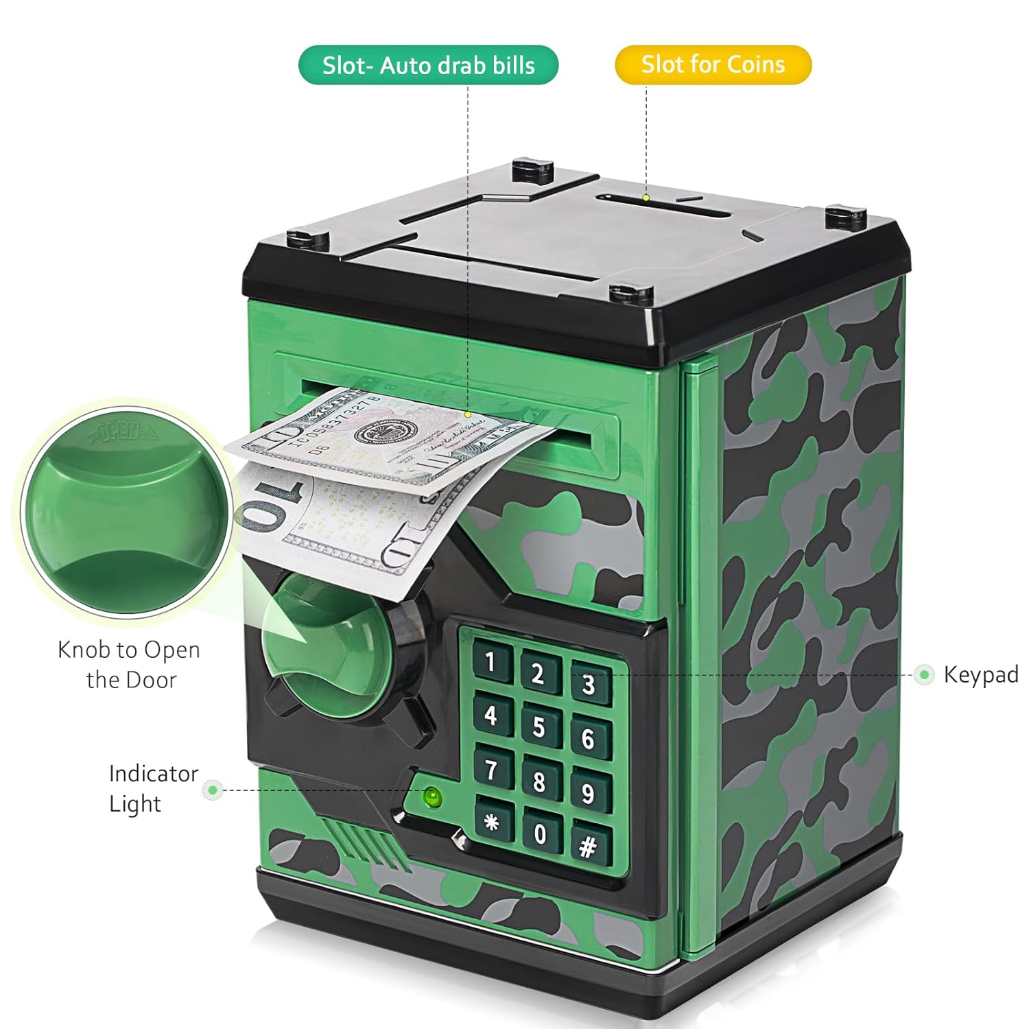 ATM Piggy Bank for Boys Girls, Vcertcpl Mini ATM Coin Bank Money Saving Box with Password, Kids Safe Money Jar for Adults with Auto Grab Bill Slot, Great Gift Toy Bank for Kids(Camouflage Green/Gray)