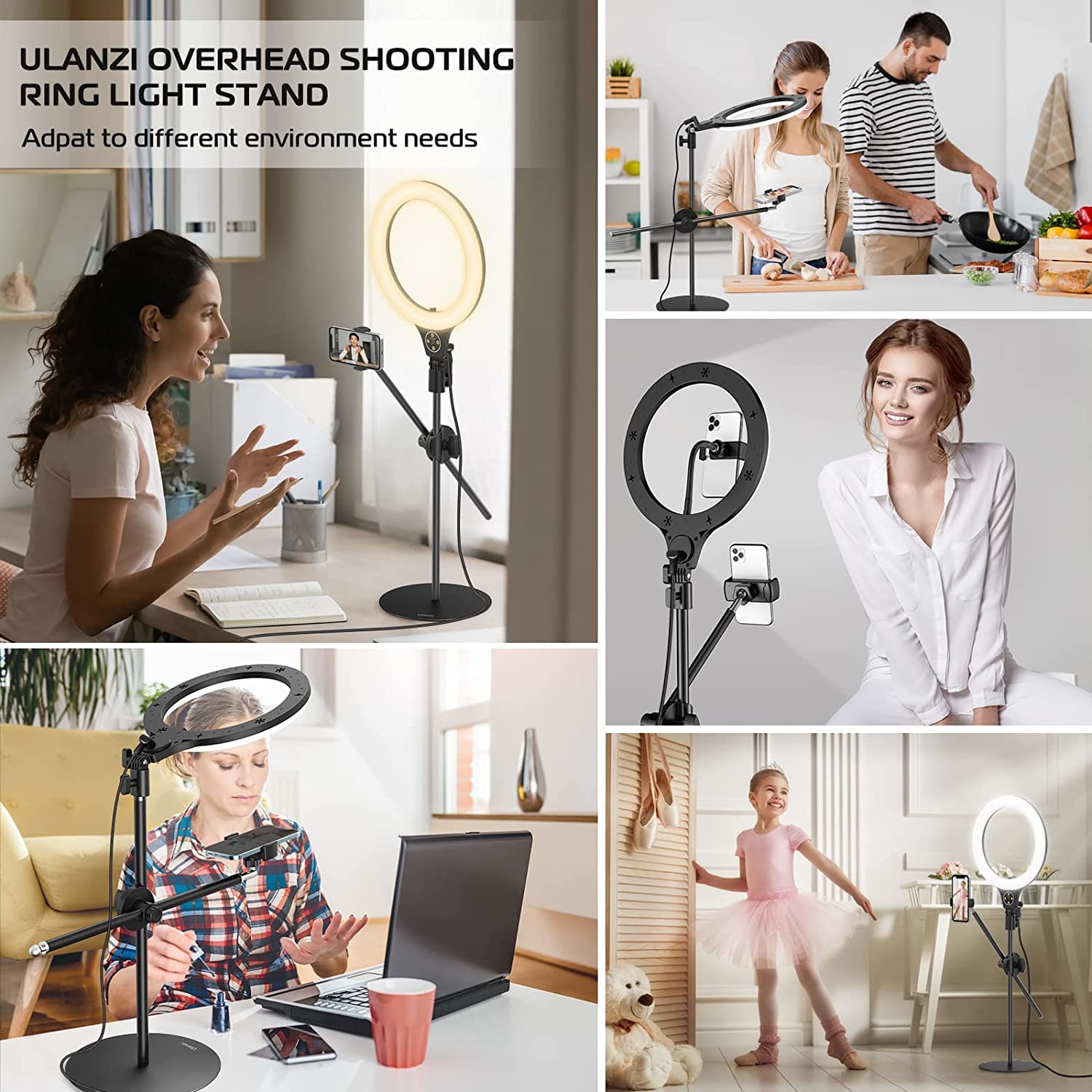 Ulanzi Overhead Phone Mount with 10" Selfie Ring Light, Tabletop Light Stand with 360Ã‚° Adjustable Shooting Arm, 3500k-6500K Dimmable Ring Light for Video Recording, Live Streaming, Portrait & Makeup