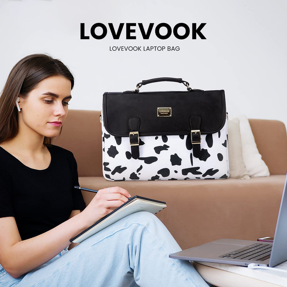 LOVEVOOK Computer Bag Laptop Bag for Women Cute Laptop Messenger Bag for Work College, COW