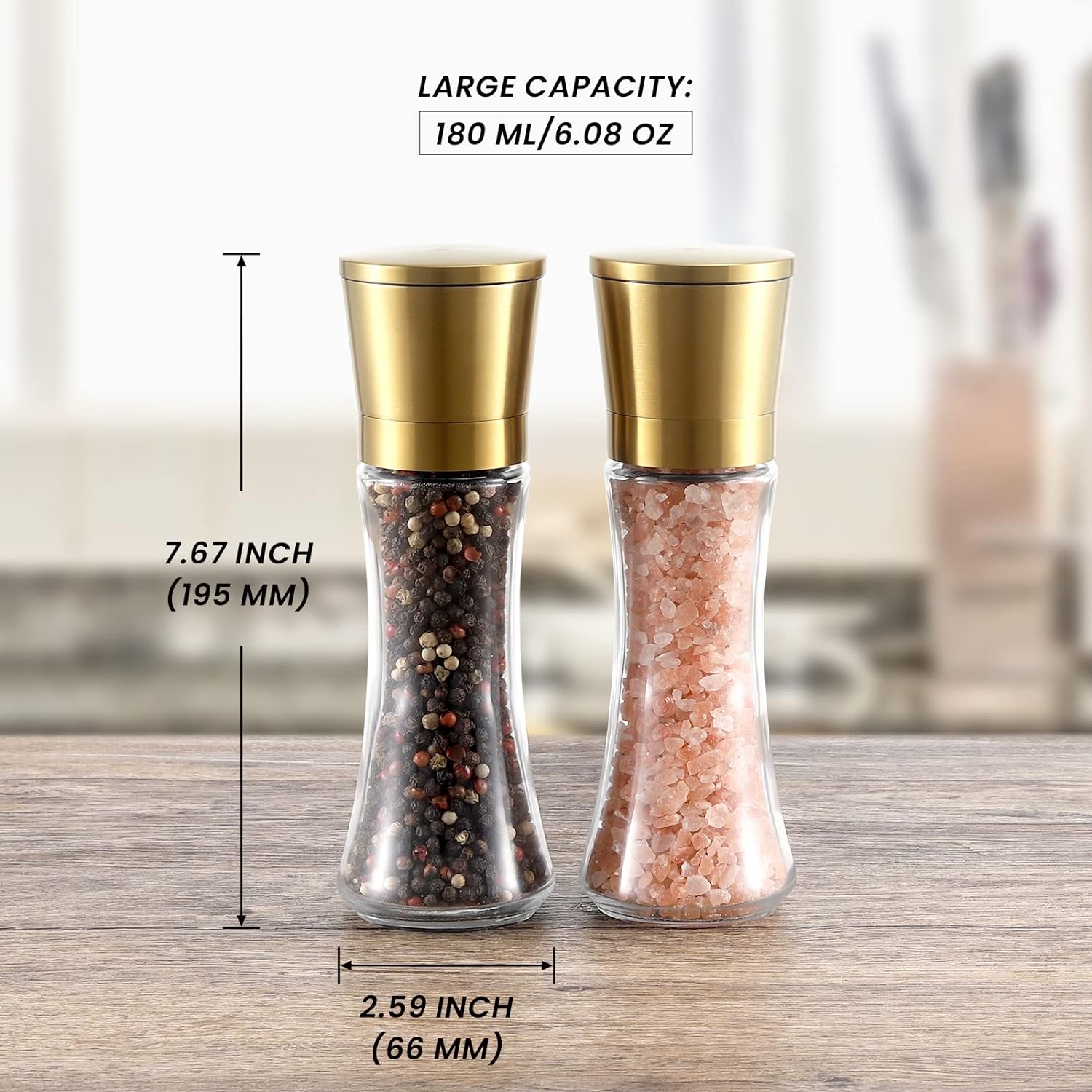 Gold Salt and Pepper Grinder Mill Set Stainless Steel Pepper Shaker Adjustable Ceramic Coarseness Salt Grinder Black Pepper Spice Grinders Mill,Kitchen Gift