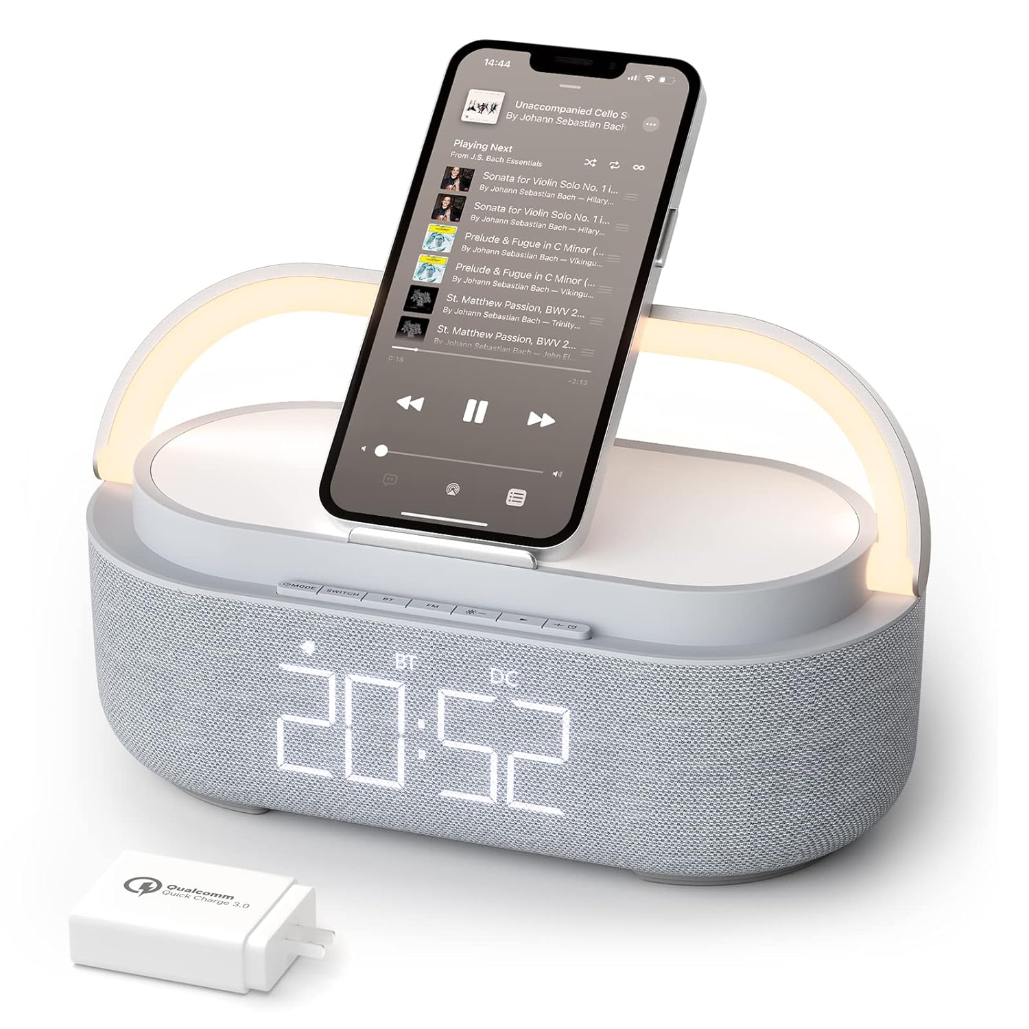 Bluetooth Speaker, COLSUR Portable Speaker, Alarm Clock with Wireless Charger, FM Radio,Table Lamp，Picnic, Outing, Dual Speakers, Bluetooth 5.0,1500min Playtime for Home,Party(Grey White, S29)