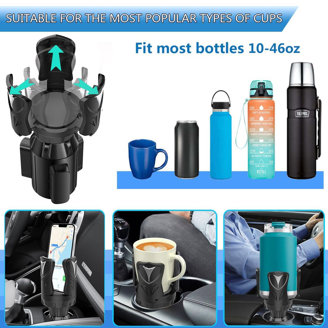 Easkkty Cup Holder Extender Adapter with Expandable Base, All Purpose Multifunctional Car Cupholder Expander for Car with Rubber Universal Fits Most 24/36//40oz Large Bottles Drinks & Mugs Foods