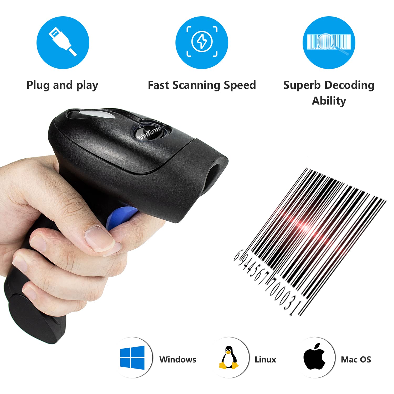 NetumScan 1D&2D Barcode Scanner with Hands Free Adjustable Stand, Wireless USB Automatic QR Bar Code Reader/Imager for Store, Supermarket, Warehouse