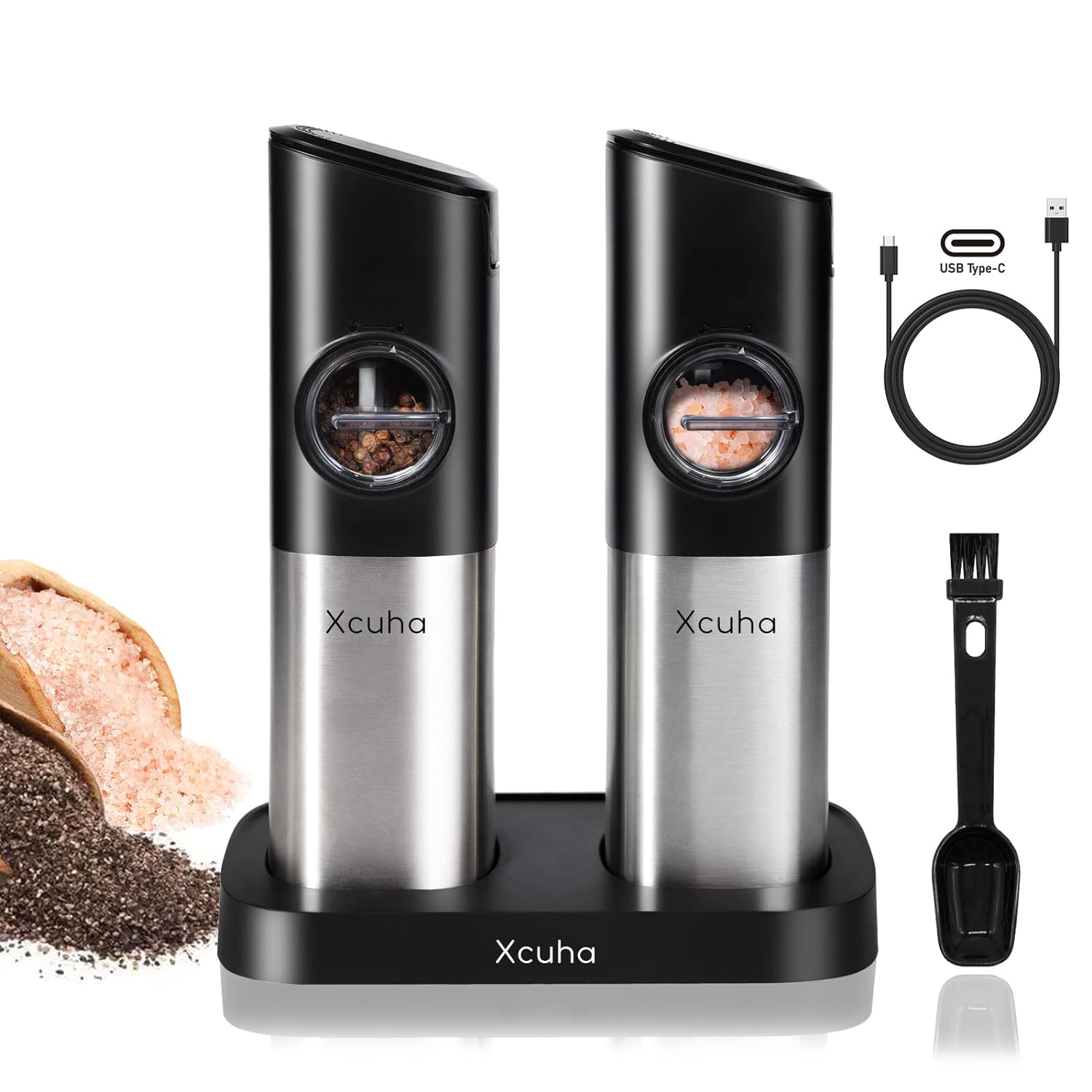 Electric Salt and Pepper Grinder Mill Set: Gravity Automatic Spice Peppercorn Shaker Rechargeable Base Adjustable Coarseness Refillable One Hand Operated With LED light Auto Dust Cover Safety Switch