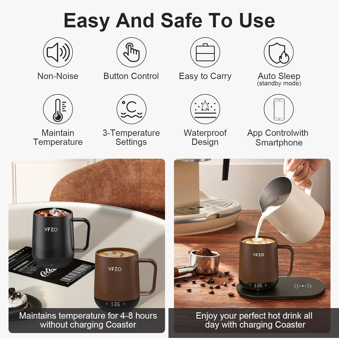 VFZO Temperature Control Smart Mug, Self Heating Coffee Mug LED Display, 180 Min Battery Life - Hot up to 149℉ Fast Wireless Charger Base Improved Design (12oz, Coffee)