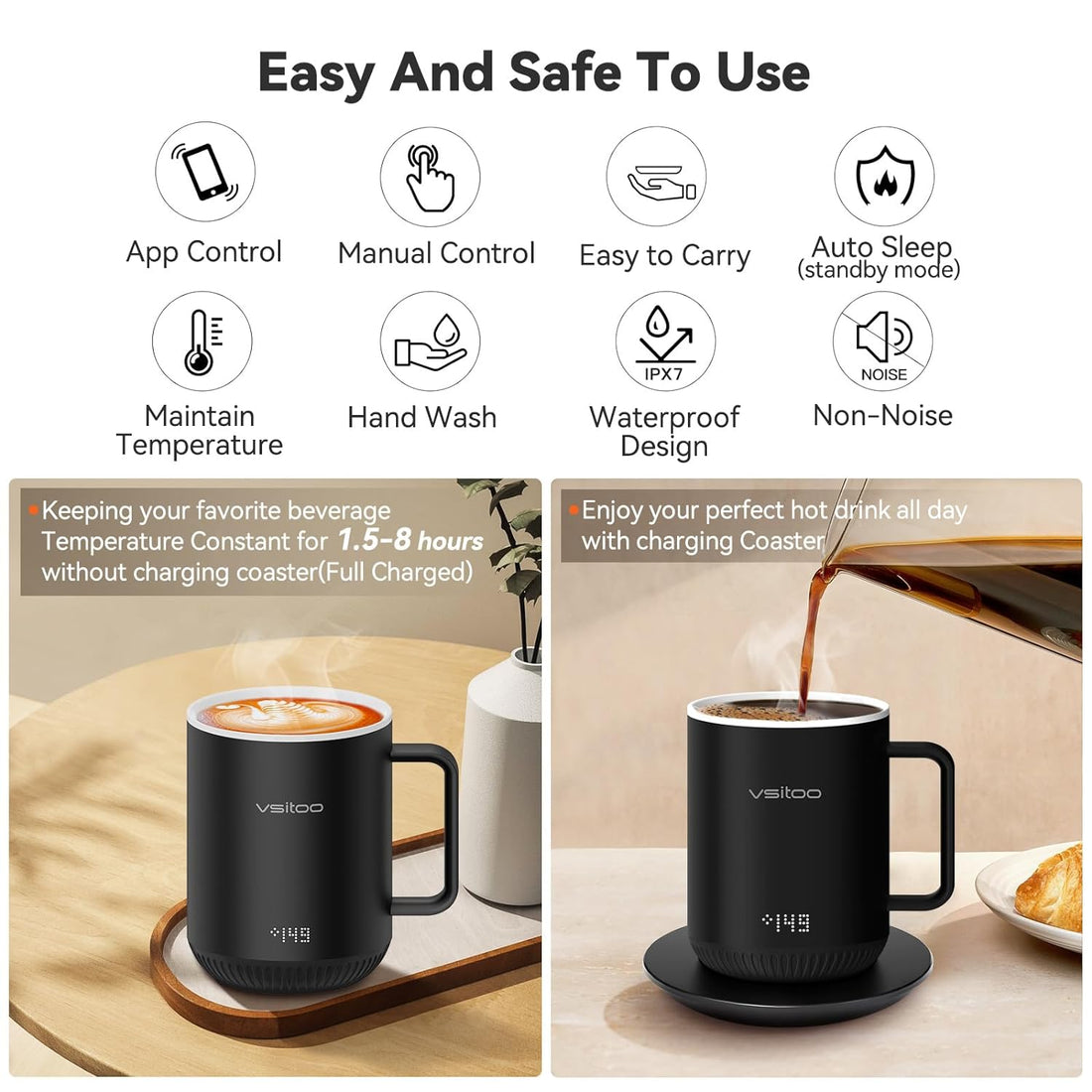 vsitoo Temperature Control Smart Mug 2 - Keep Your Coffee Hot All Day, Self Heating Coffee Mug with LED Display, 10 oz, 90 Min Battery Life - App&Manual Controlled Heated Coffee Mug - Coffee Gifts