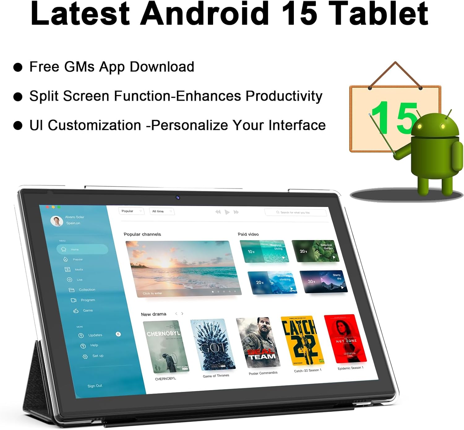 Android 15 Tablet: 10 inch 2 in 1 Tablets with Keyboard – Side View