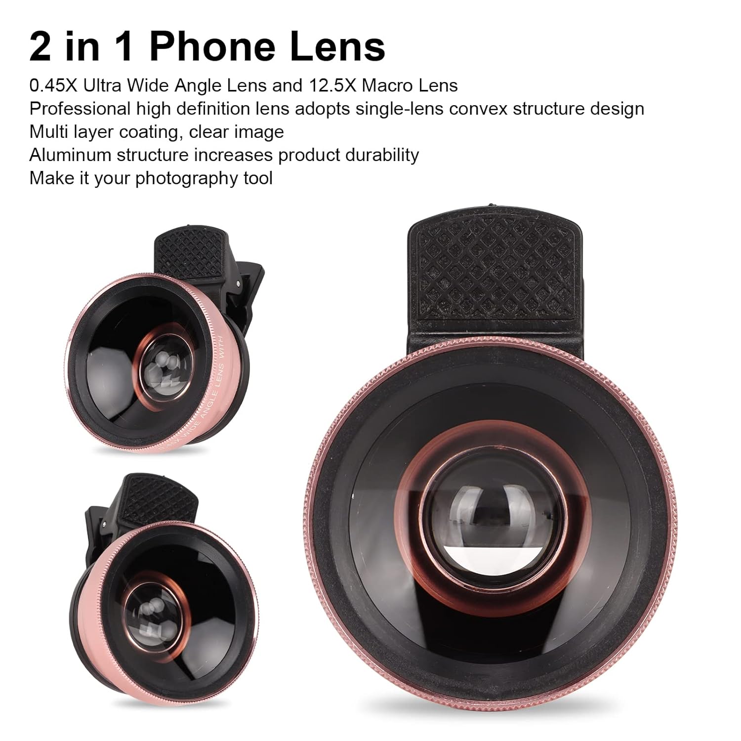 2 in 1 Cell Phone Lens Kit, 0.45X Wide Angle 12.5X Macro Phone Camera Lens, Professional Cell Phone Lens with Clip, Detachable HD Lens with Storage Bag, Compatible with Phones and Tablets(Rose Gold)