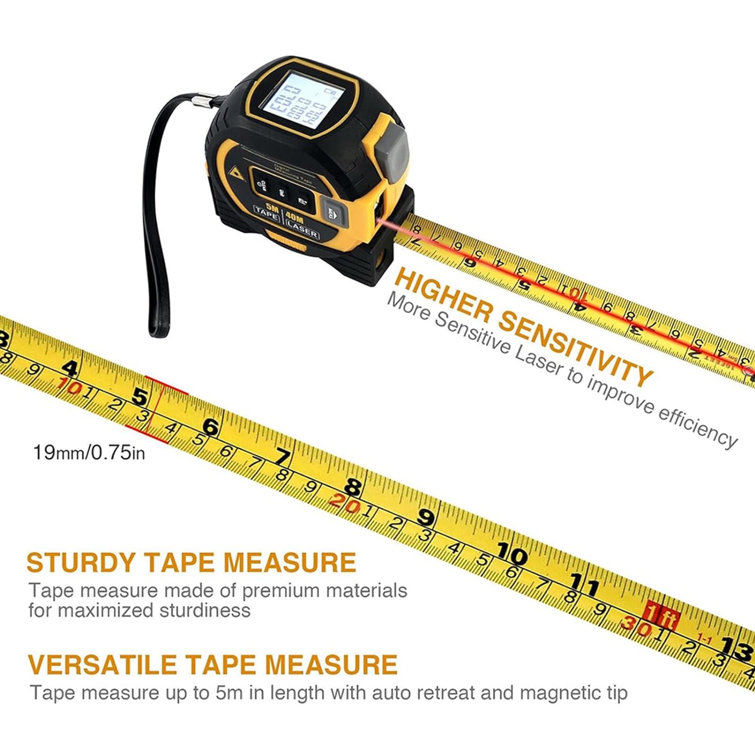 UFOM Tape Measure, 3 in 1 Digital Distance Meters with LCD Display, 40M Measure, 5M Tape Measure, Vertical Cross Line, Measuring Area/Volume/Distance Tool