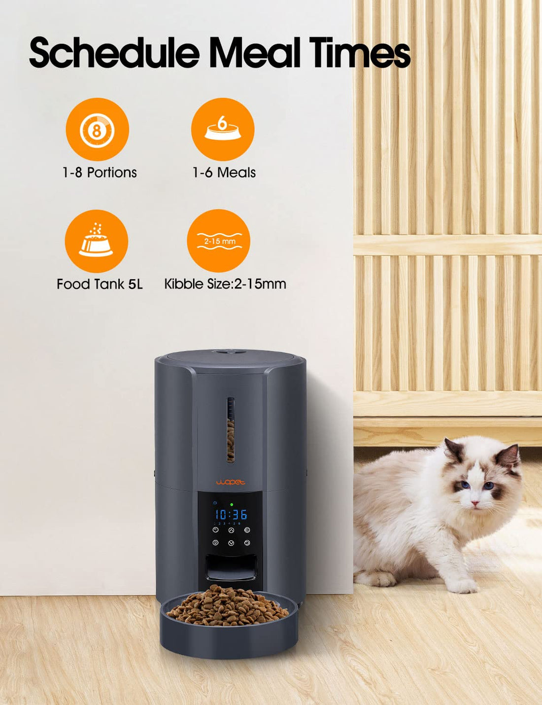 WOPET Automatic Cat Feeder, FT70 Plus Pet Dry Food Dispenser with Desiccant Bag for Cats and Dogs, 5L Timed Cat Feeder Programmable 6 Meals Per Day, 10s Voice Recorder