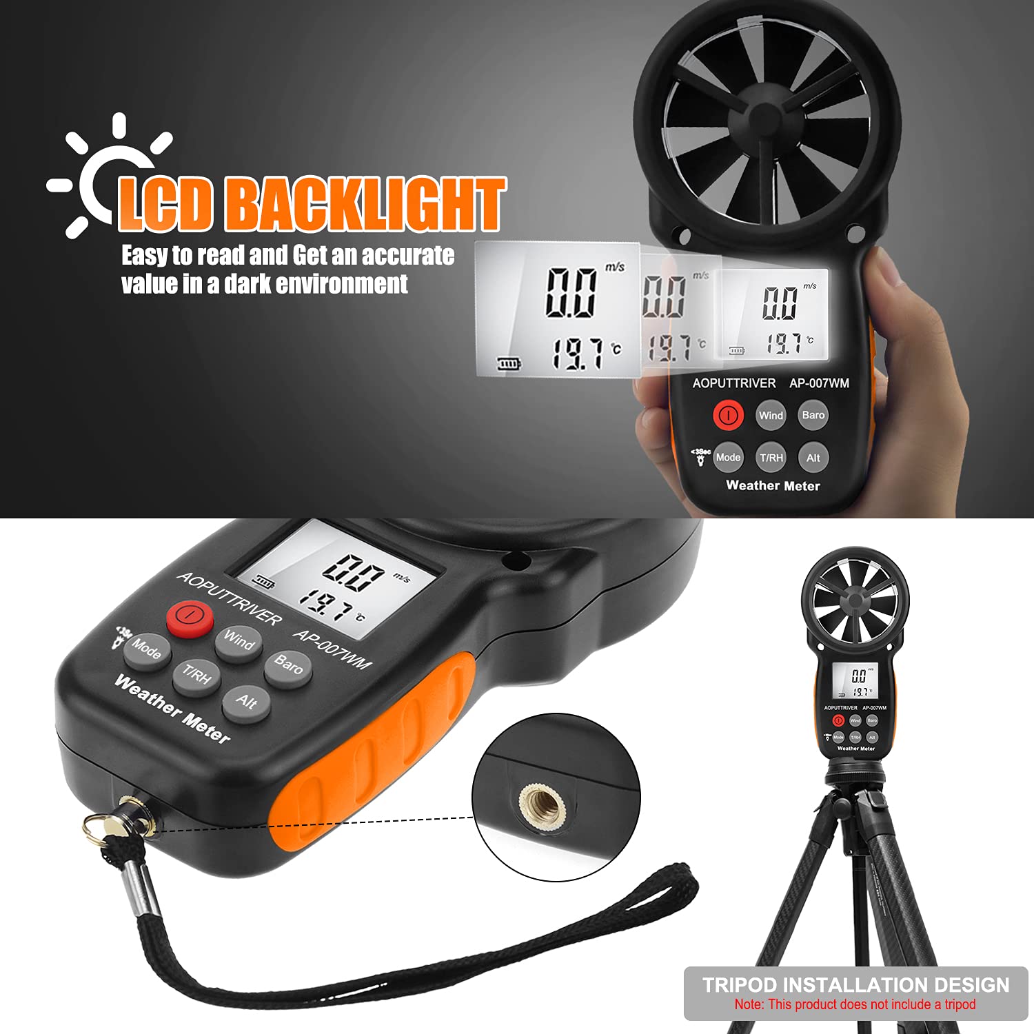 AOPUTTRIVER Digital Anemometer Handheld Wind Speed Meter,Wind Speed Gauges for Measuring Wind Speed,Temperature and Wind Chill with Backlight and Max/Min (AP-007) (007WM+Tripod)