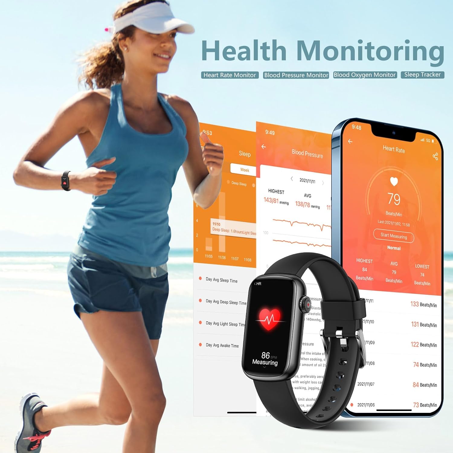 MorePro Fitness Tracker for Women, Heart Rate Monitor Blood Pressure Activity Tracker with Blood Oxygen, IP68 Waterproof Sleep Tracker Sport Bracelet Pedometer Step Calories Smartwatch Men Kids