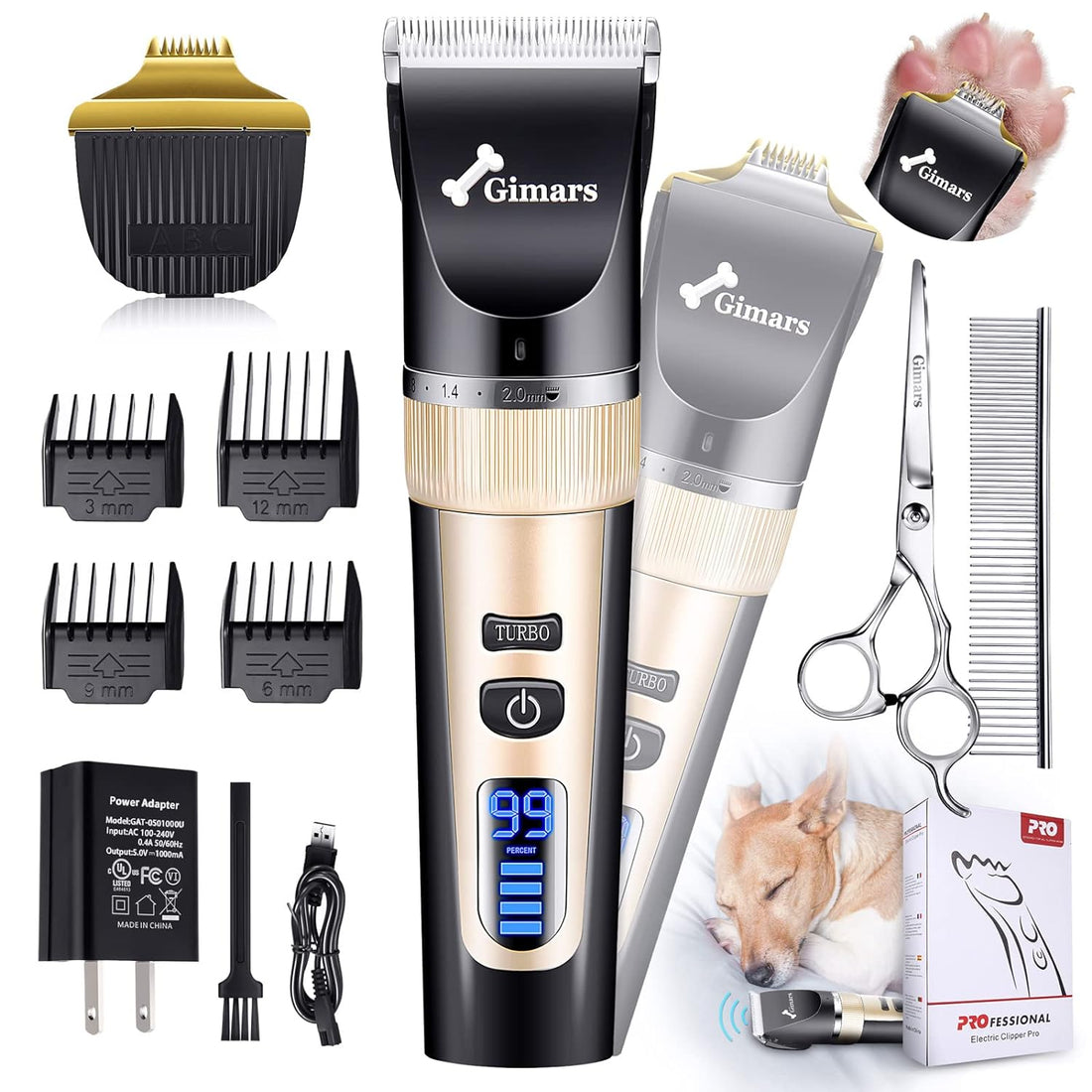 Gimars 2 in 1 Powerful 3.0 Motor Sharp 33 Teeth Blade Cordless Dog Shaver Clippers Low Noise, Rechargeable 3 Speed Dog Grooming Hair Clippers Kit with USB Electric for Small Large Dog, Cat Pet