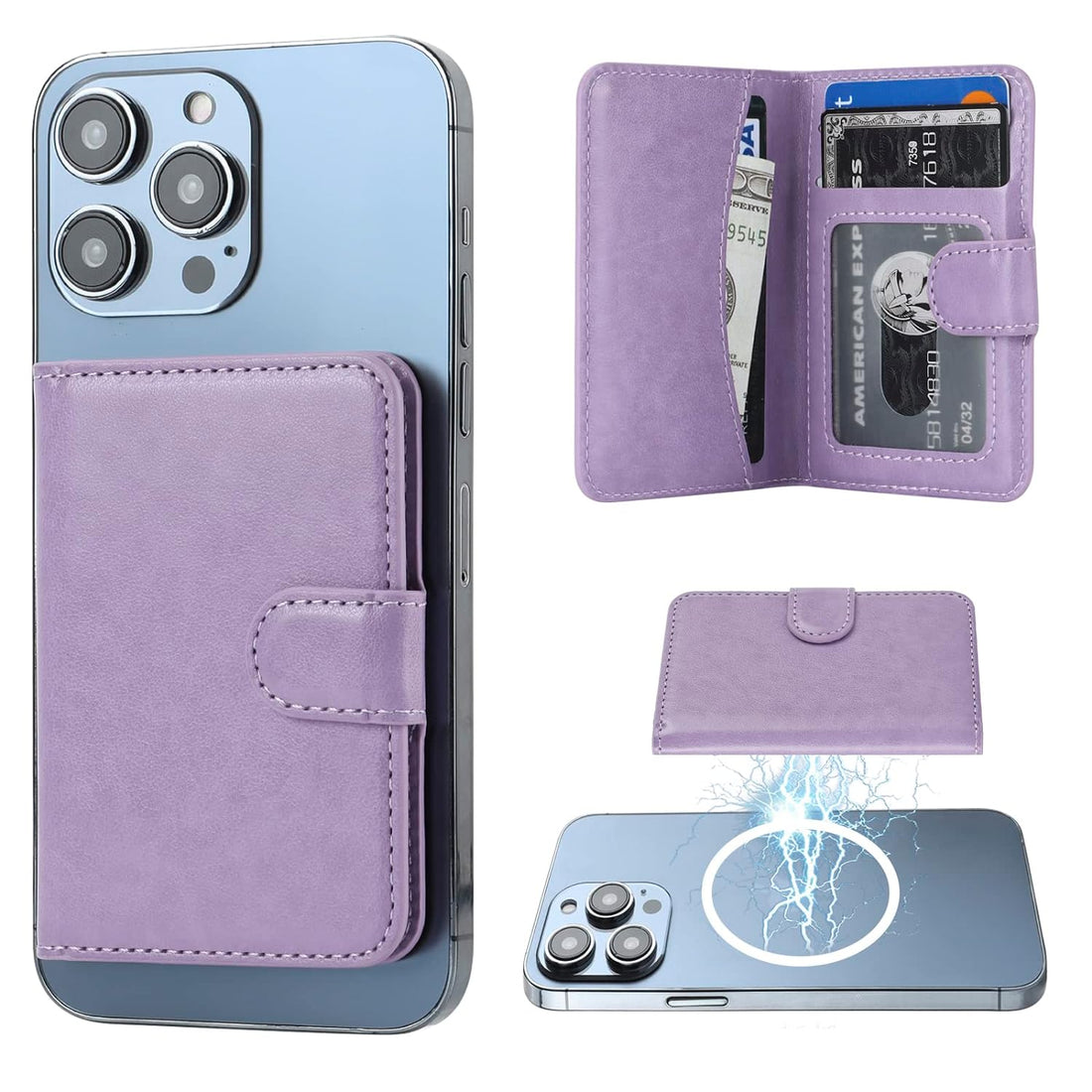 Bocasal for MagSafe Wallet Magnetic Card Holder, RFID Blocking Leather Card Slots for iPhone 15/14/13/12 Pro/Max/Plus, Adjustable Kickstand Flip Mag Safe Wallet (Purple)