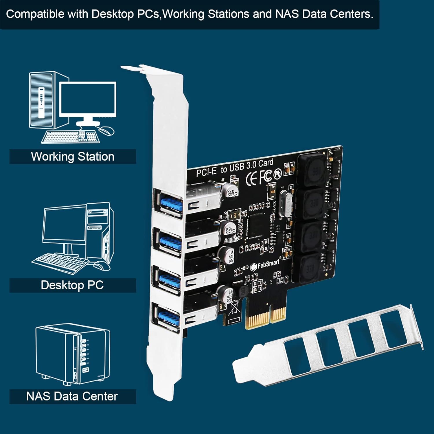 FebSmart PCIE 4-Ports Super Fast 5Gbps USB 3.0 Expansion Card for Windows Server XP Vista 7 8 8.1 10 (32/64bit) Desktop PC-Build in Self-Powered Technology-No Need Additional Power Supply (FS-U4L-Pro)