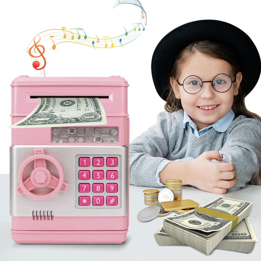 SZJMAO Piggy Bank Cash Coin Bank ATM Bank Money Saving Box with Password for Kids Birthday Gifts (Light Pink)