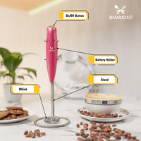 GUJJUDAD all in one milk frother handheld - speedy whisk hand blender for coffee - mini frother wand for lattes - powerful drink mixer for frappe, matcha, hot chocolate, cappuccino (Viva magenta)
