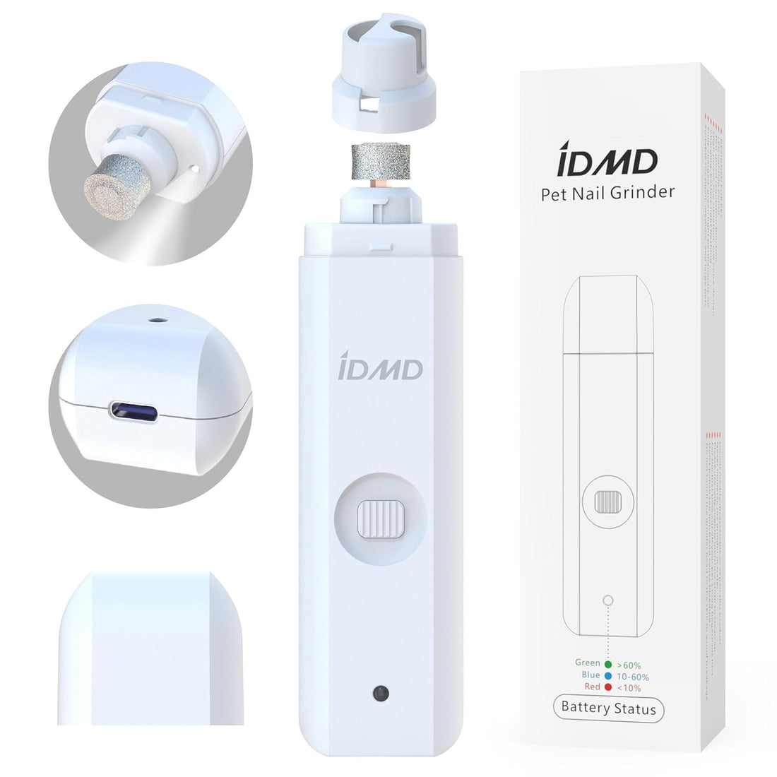 IDMD Dog Nail Grinder Upgraded Professional Powerful 2-Speed Motor - LED Light - Rechargeable - Pet Grooming Kit - Painless Paws Quick Grooming & Smoothing for Small Medium Large Dogs & Cats (White)